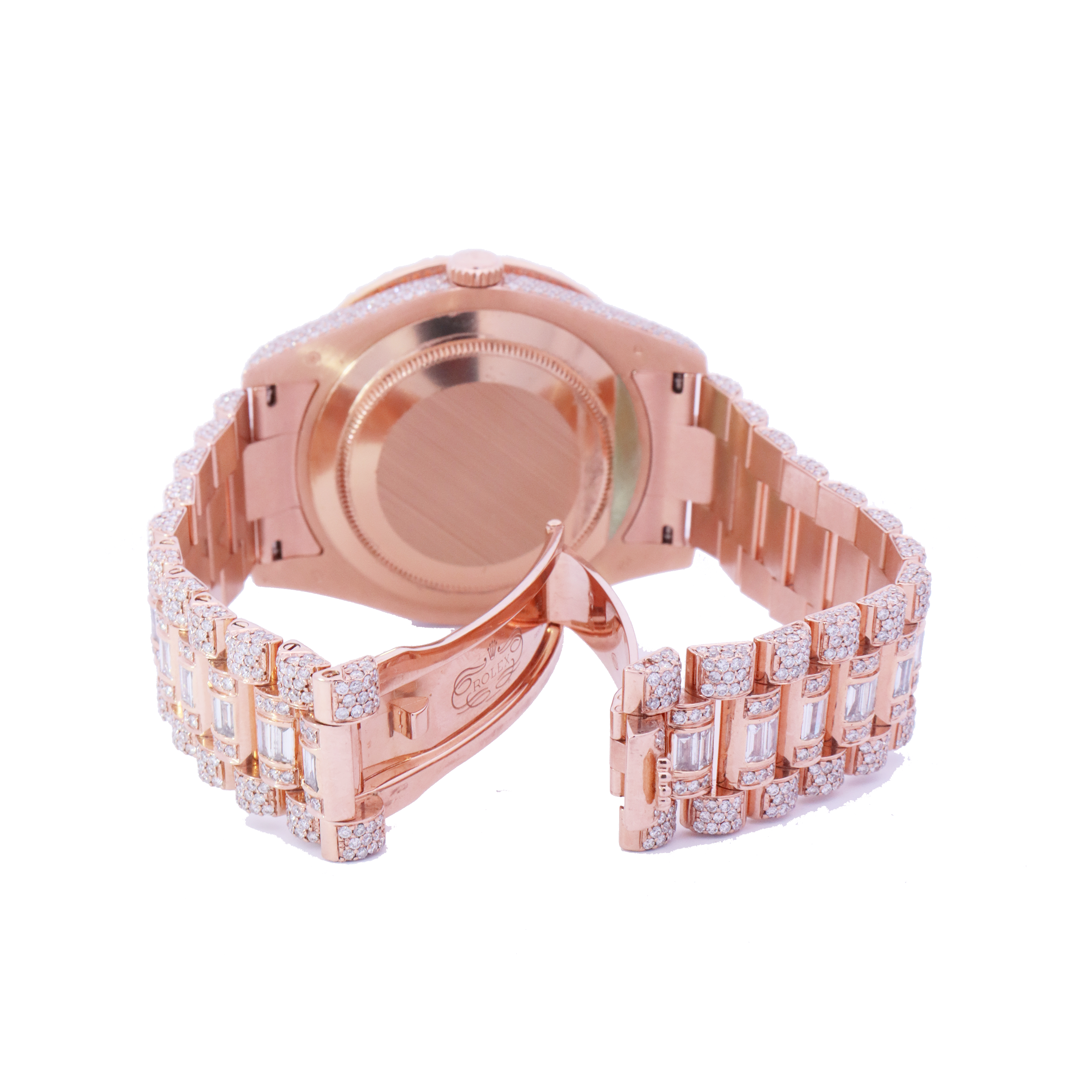 Rolex Day Date Rose Gold 41mm Completely Iced Out Roman Pave Diamond Dial Watch | Ref# 218235 - Happy Jewelers Fine Jewelry Lifetime Warranty