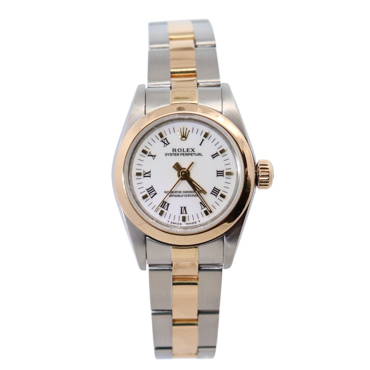 Rolex Oyster Perpetual 24mm Yellow Gold & Stainless Steel White Roman Dial Watch Reference# 67183 - Happy Jewelers Fine Jewelry Lifetime Warranty