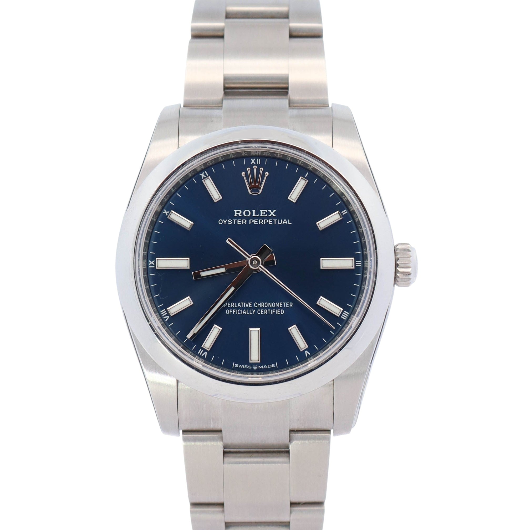 Rolex Oyster Perpetual 34mm Blue Dial Watch Ref# 124200 - Happy Jewelers Fine Jewelry Lifetime Warranty