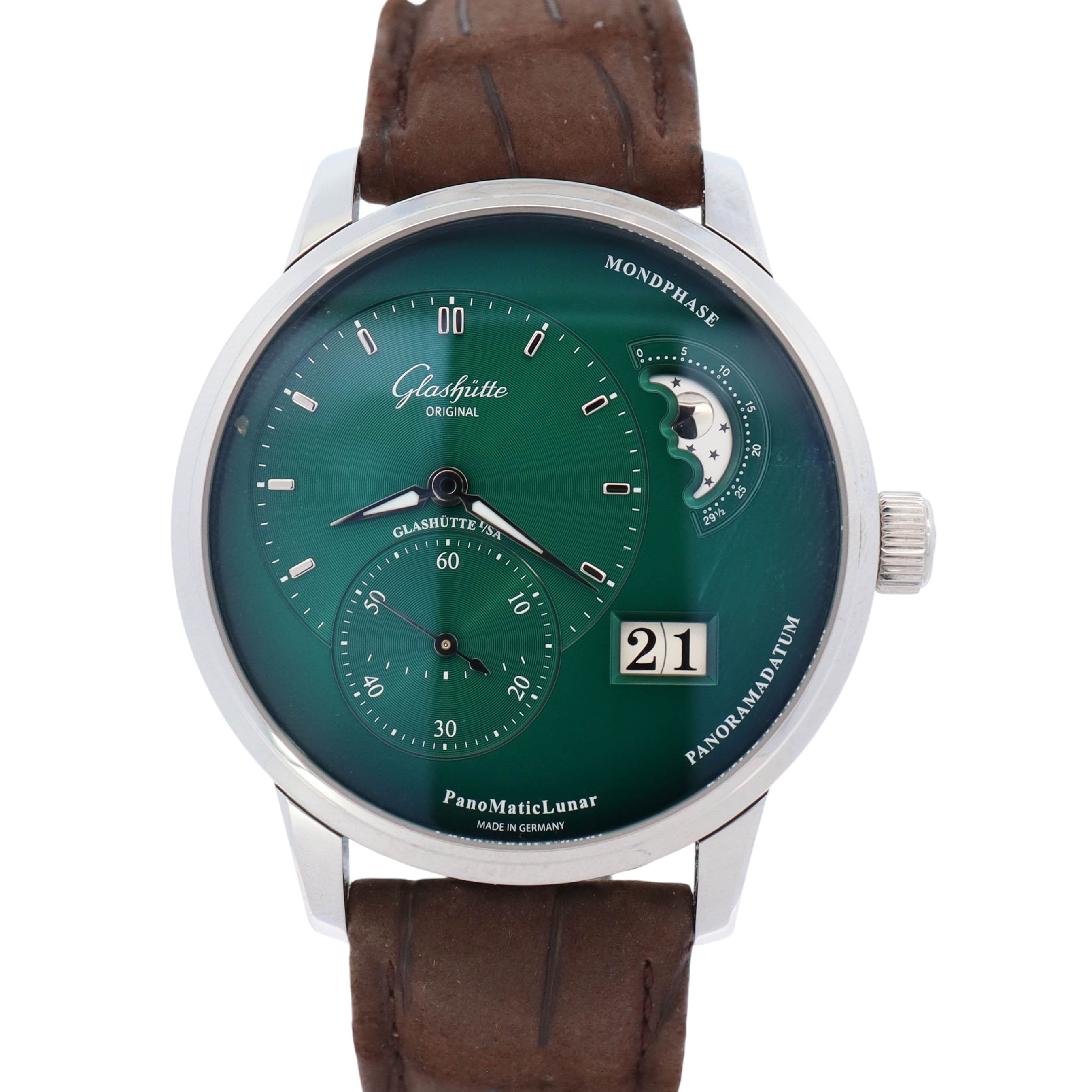 Glashutte PanoMatic Lunar 40mm Green Dial Watch Ref# 1-90-02-13-32-62 - Happy Jewelers Fine Jewelry Lifetime Warranty