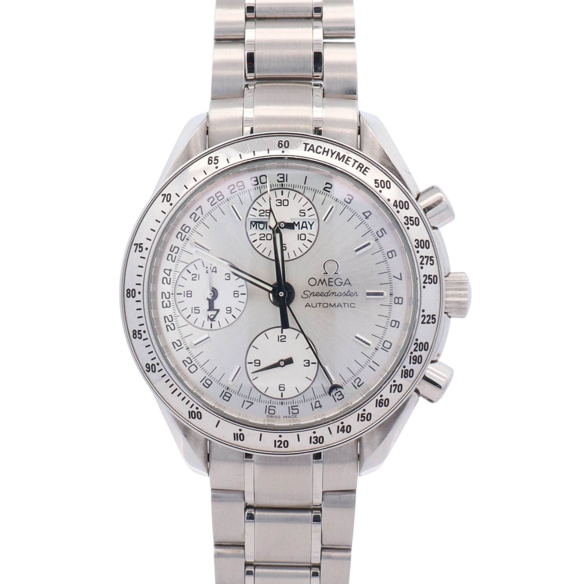 Omega Speedmaster Day-Date 38mm Silver Dial Watch Ref# 3521.30.00 - Happy Jewelers Fine Jewelry Lifetime Warranty