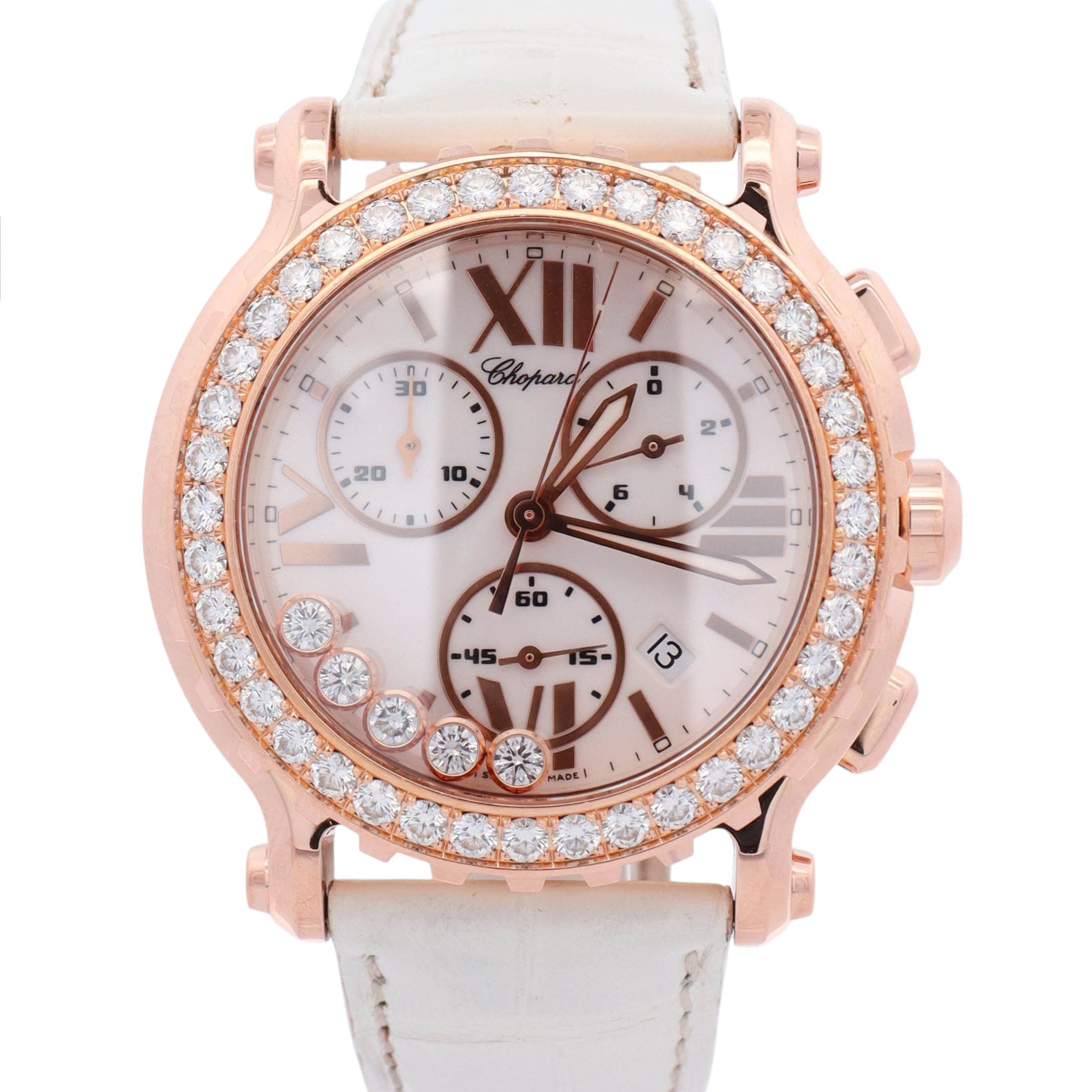 Chopard Happy Sport 42mm Rose Gold White Roman Stick Chronograph Dial Watch Ref# 288515-9002 - Happy Jewelers Fine Jewelry Lifetime Warranty