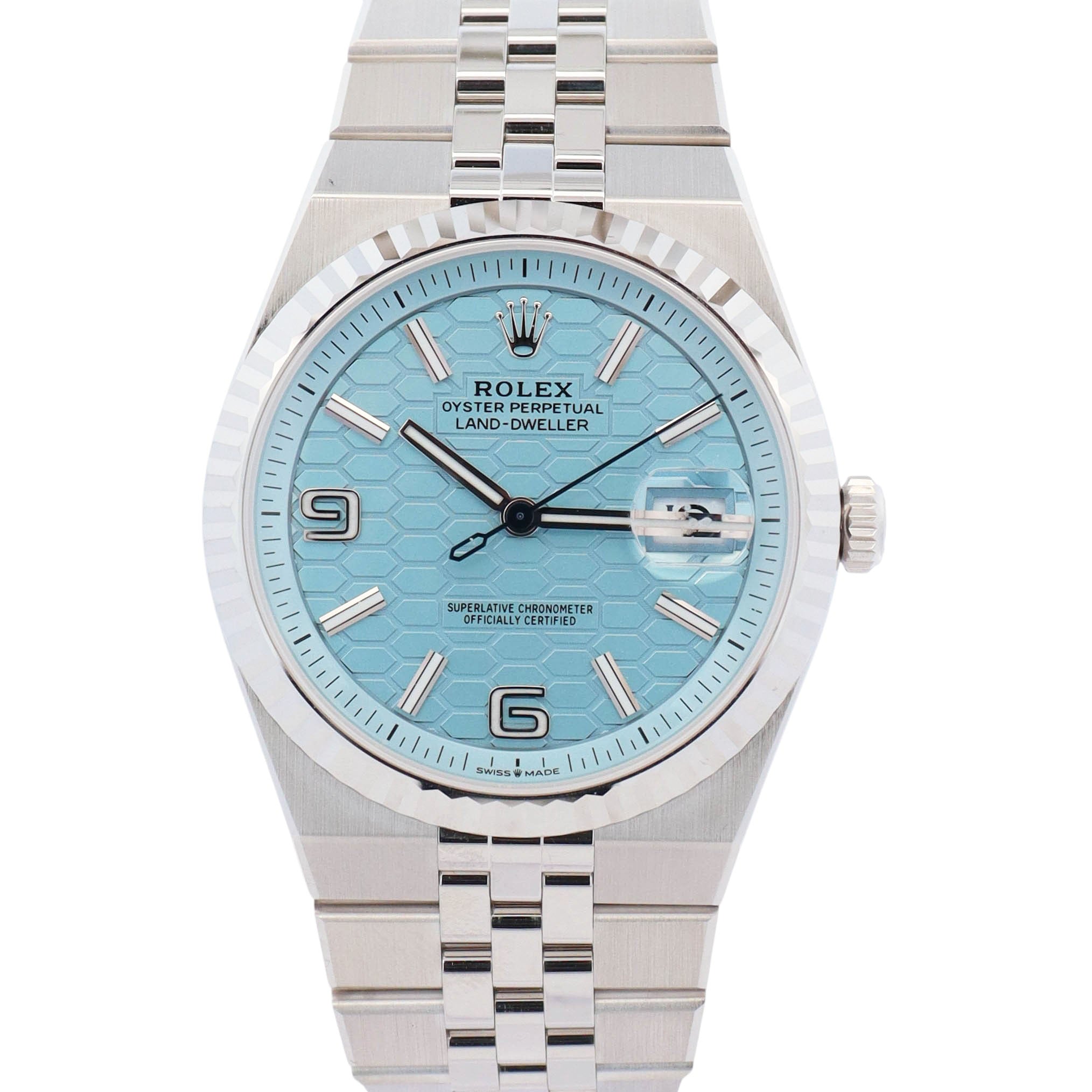 Rolex Land-Dweller Platinum 40mm Ice Blue Honeycomb Dial Watch Ref