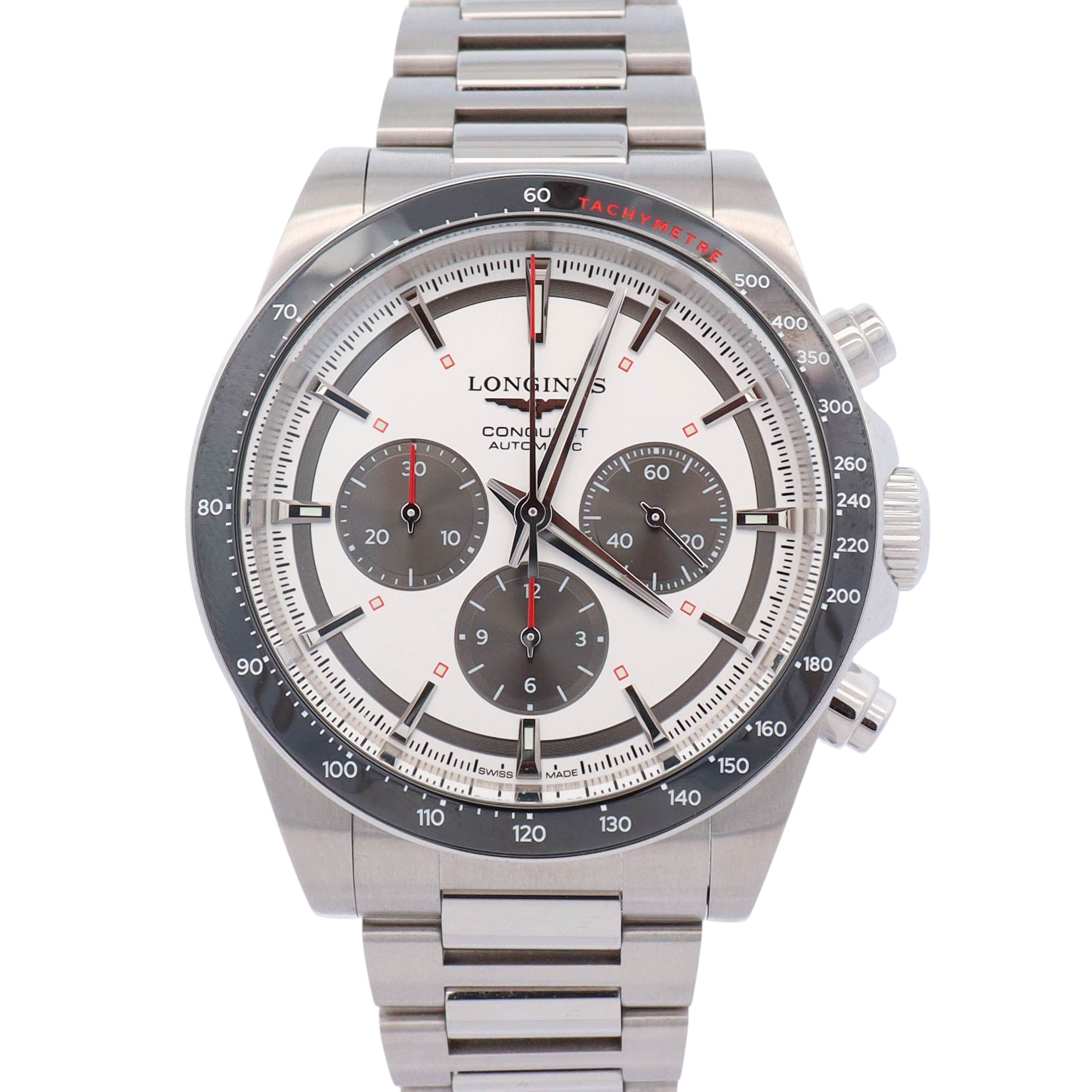 Longines Conquest 42mm White Chronograph Dial Watch Ref# L3.835.4.72.6 - Happy Jewelers Fine Jewelry Lifetime Warranty