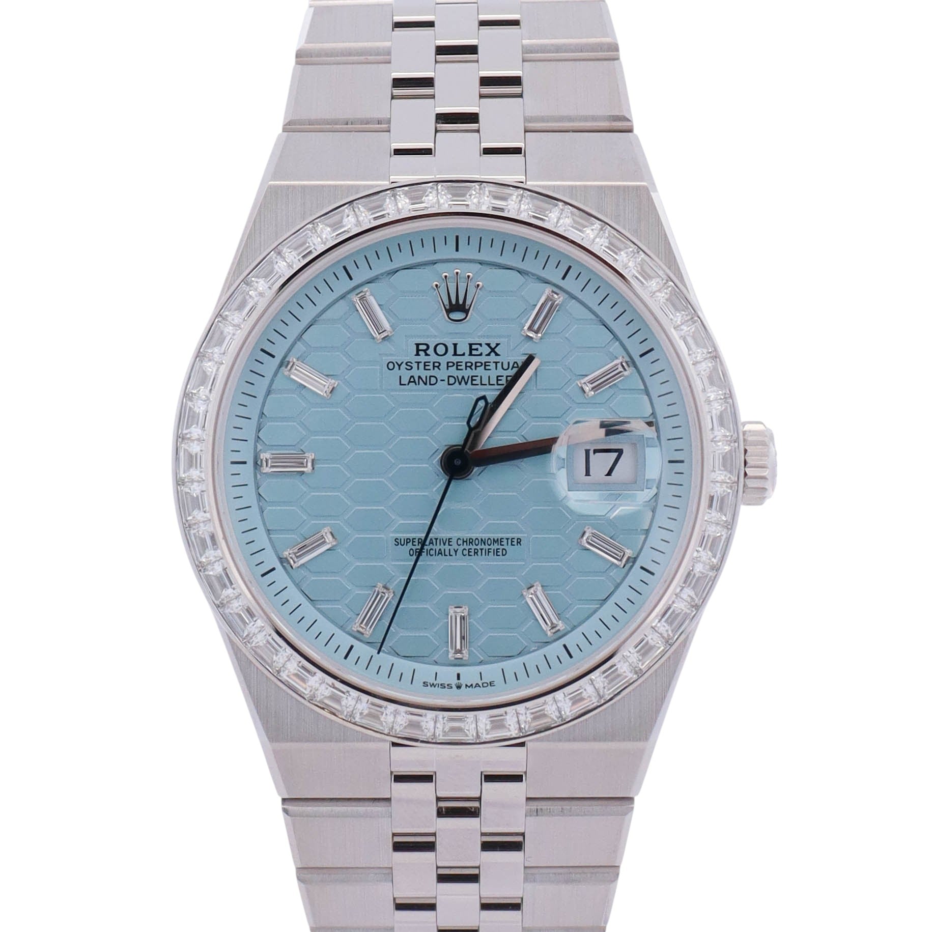 Rolex Land-Dweller Platinum 40mm Ice Blue Honeycomb Dial Watch Ref# 127386TBR - Happy Jewelers Fine Jewelry Lifetime Warranty