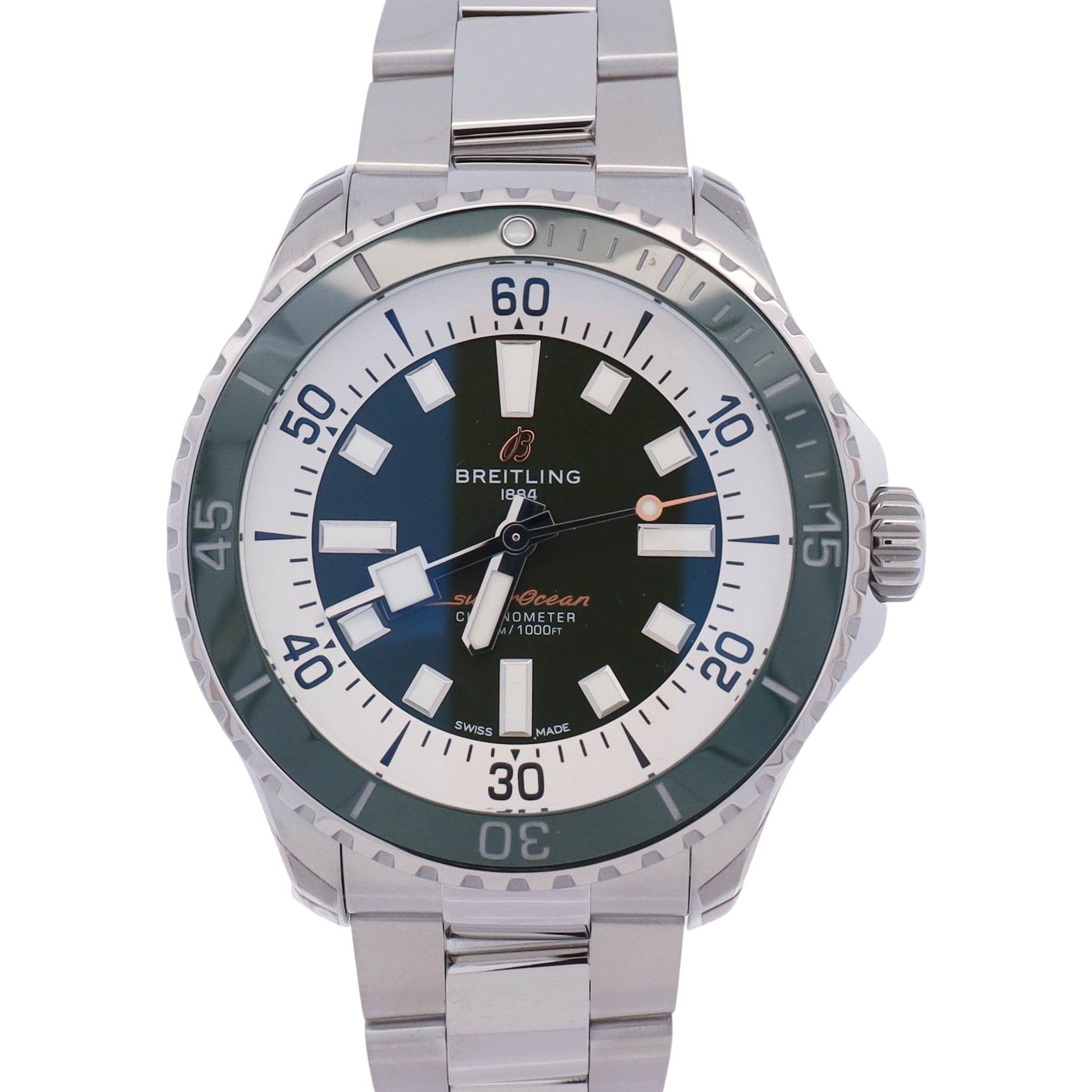 Breitling Superocean 44mm Green/White Stick Dial Watch Ref# A17376 - Happy Jewelers Fine Jewelry Lifetime Warranty
