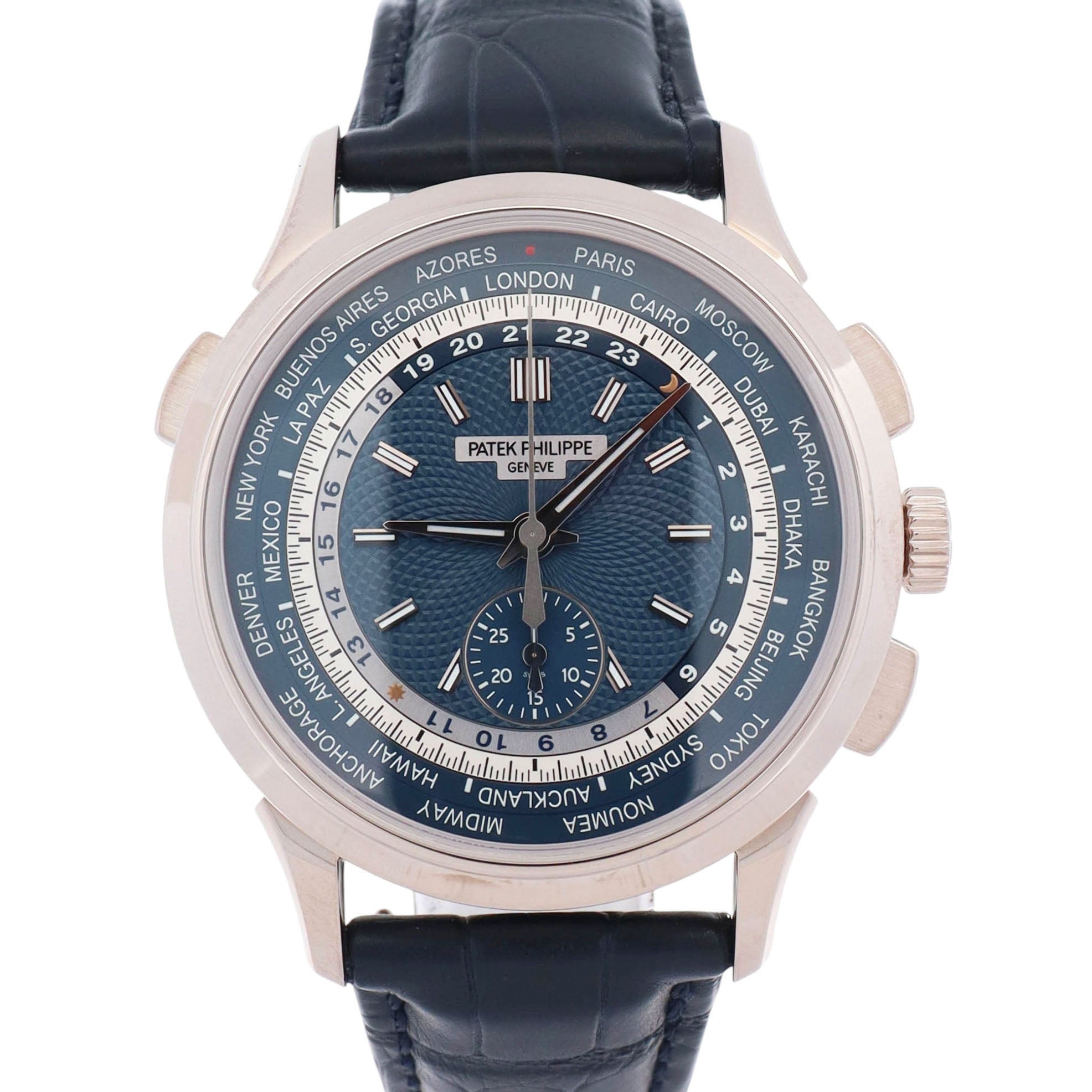 Patek Philippe World Time 39.5mm Blue Dial Watch Ref# 5930G-010