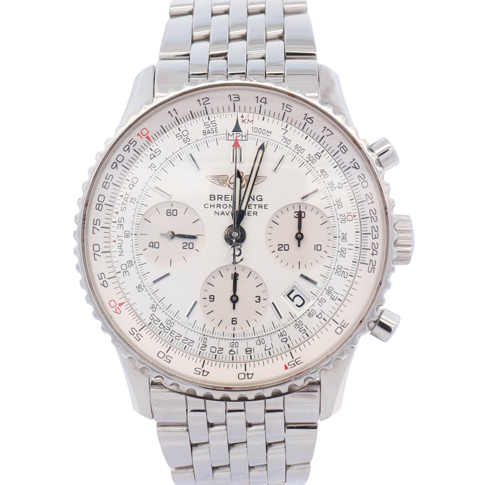Breitling Navitimer Stainless Steel 42mm Silver Chronograph Dial Watch Ref# A23322 - Happy Jewelers Fine Jewelry Lifetime Warranty