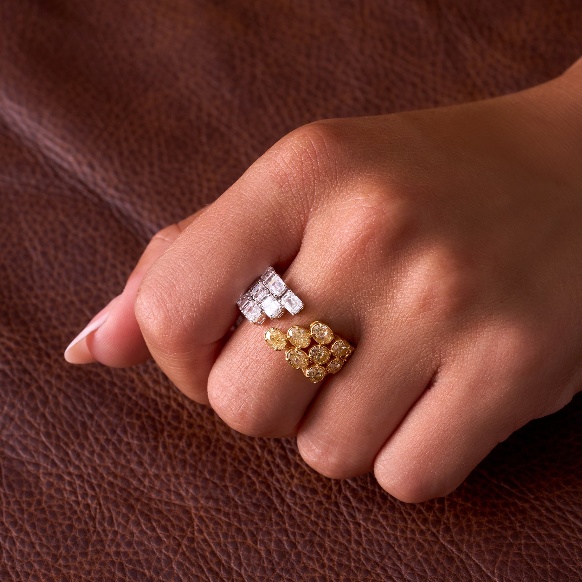 Two Tone Oval and Emerald Multi-Stone Open Cocktail Ring