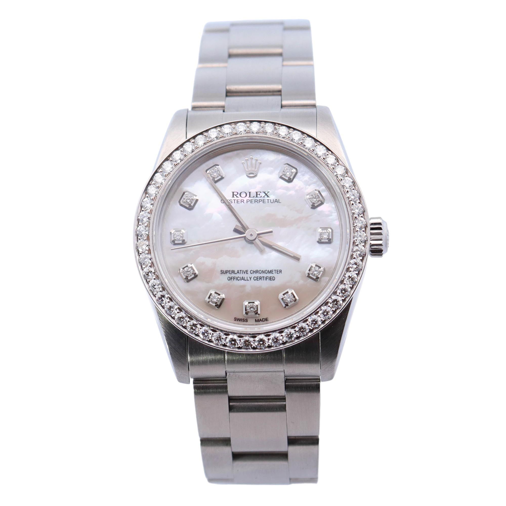 Rolex Oyster Perpetual Stainless Steel 31mm Custom White MOP Diamond Dial Watch | Ref# 77080 - Happy Jewelers Fine Jewelry Lifetime Warranty