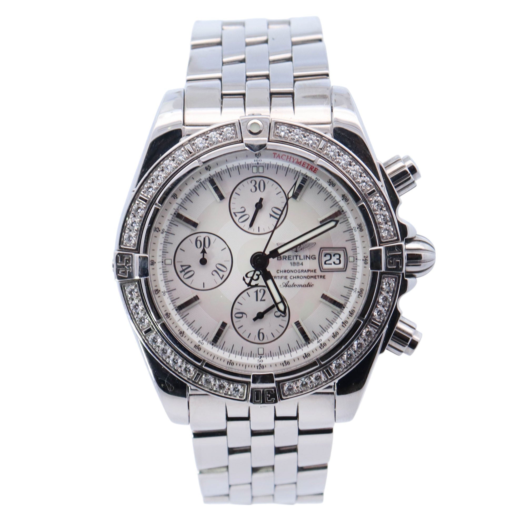 Breitling Chronomat Stainless Steel 44mm White MOP Stick Dial Watch Reference# A13356 - Happy Jewelers Fine Jewelry Lifetime Warranty