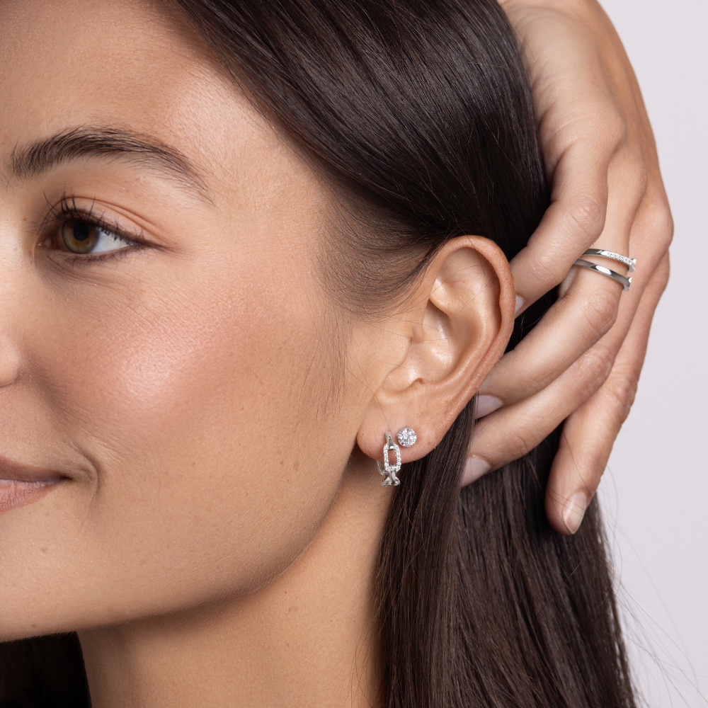 Alternating Linked Up Diamond Huggie Hoops - Happy Jewelers Fine Jewelry Lifetime Warranty