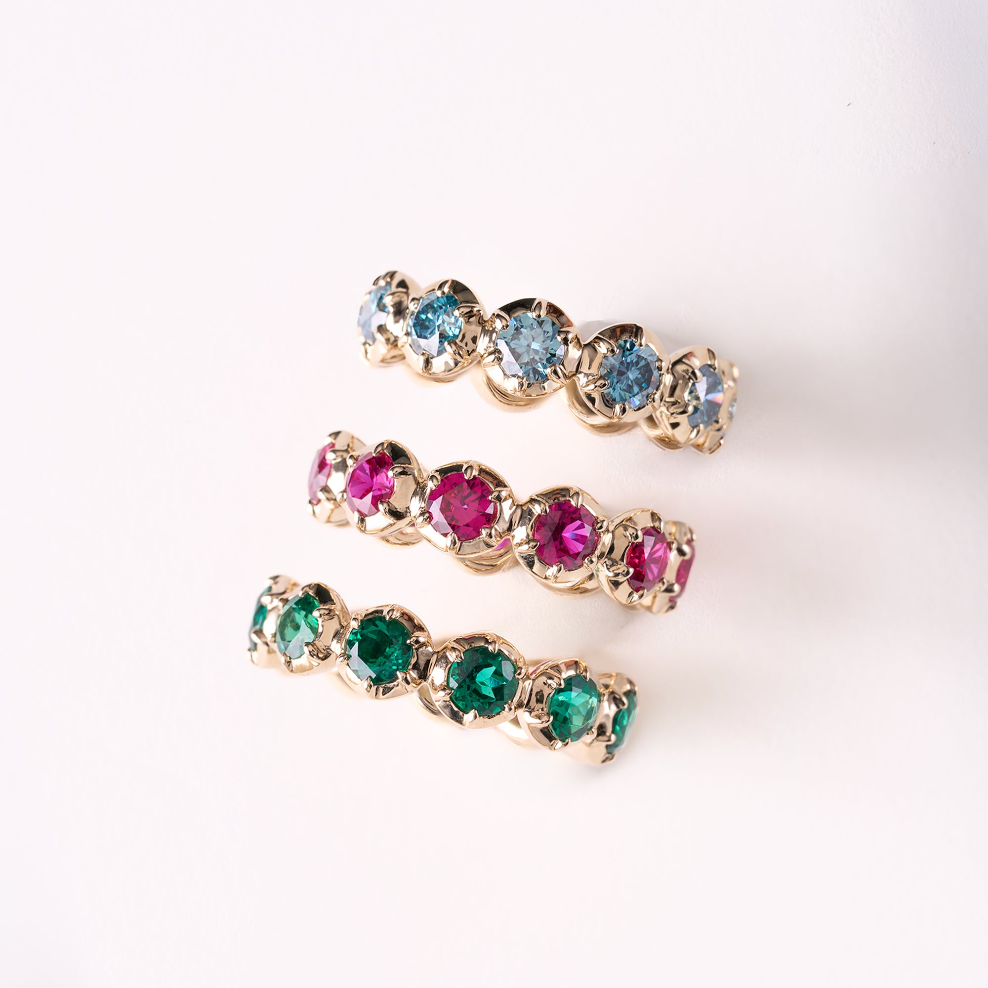 Yellow Gold Aquamarine Victorian Bubble Ring + Yellow Gold Ruby Victorian Bubble Ring + Yellow Gold Emerald Victorian Bubble Ring