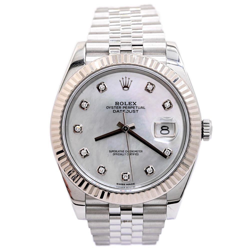 Rolex Datejust Stainless Steel 41mm Factory White MOP Diamond Dial Watch Reference #: 126334 - Happy Jewelers Fine Jewelry Lifetime Warranty