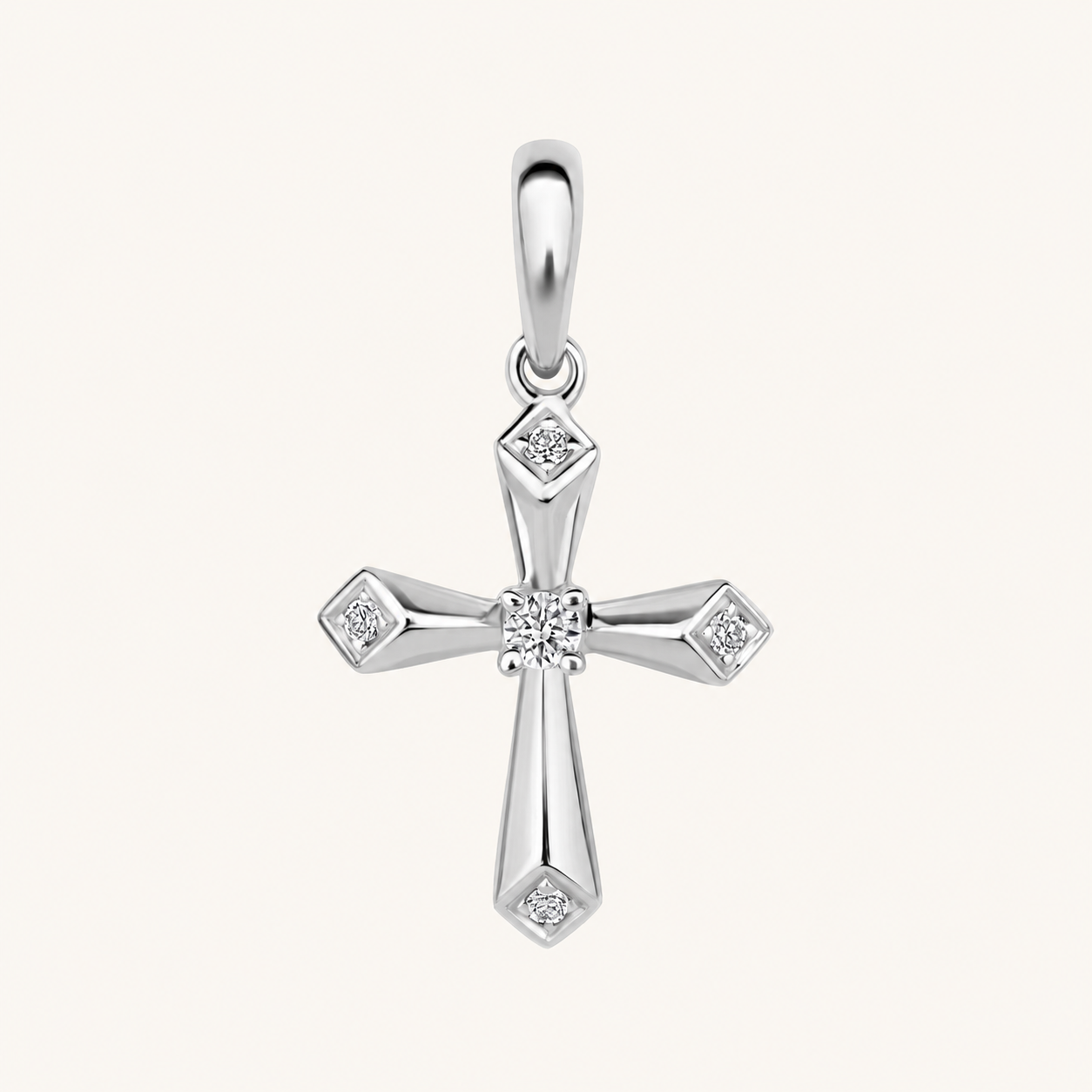 White Gold Beveled Mini Diamond Cross Pendant