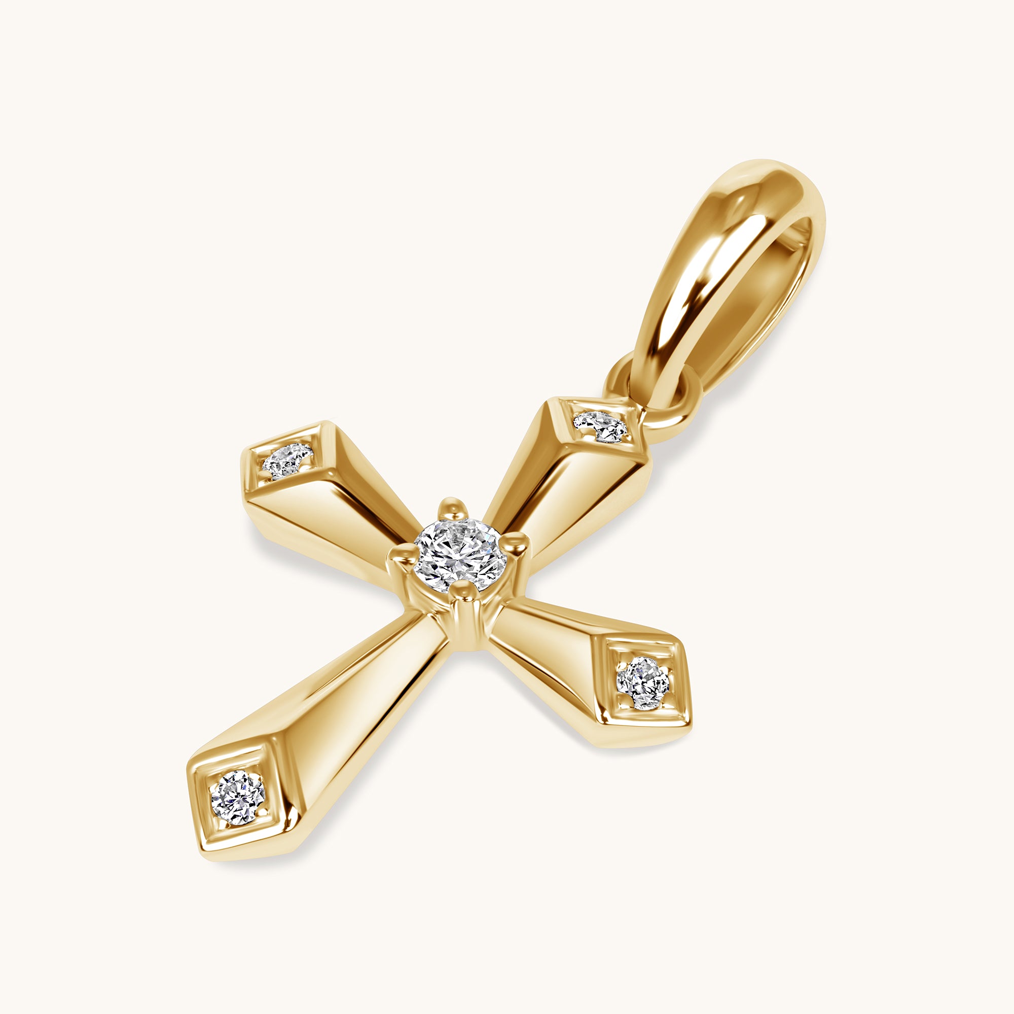 Yellow Gold Beveled Mini Diamond Cross Pendant