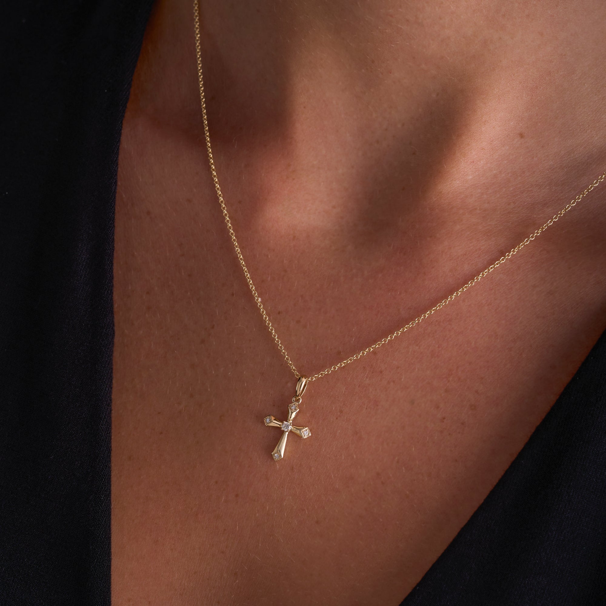 Yellow Gold Beveled Mini Diamond Cross Pendant On Figure