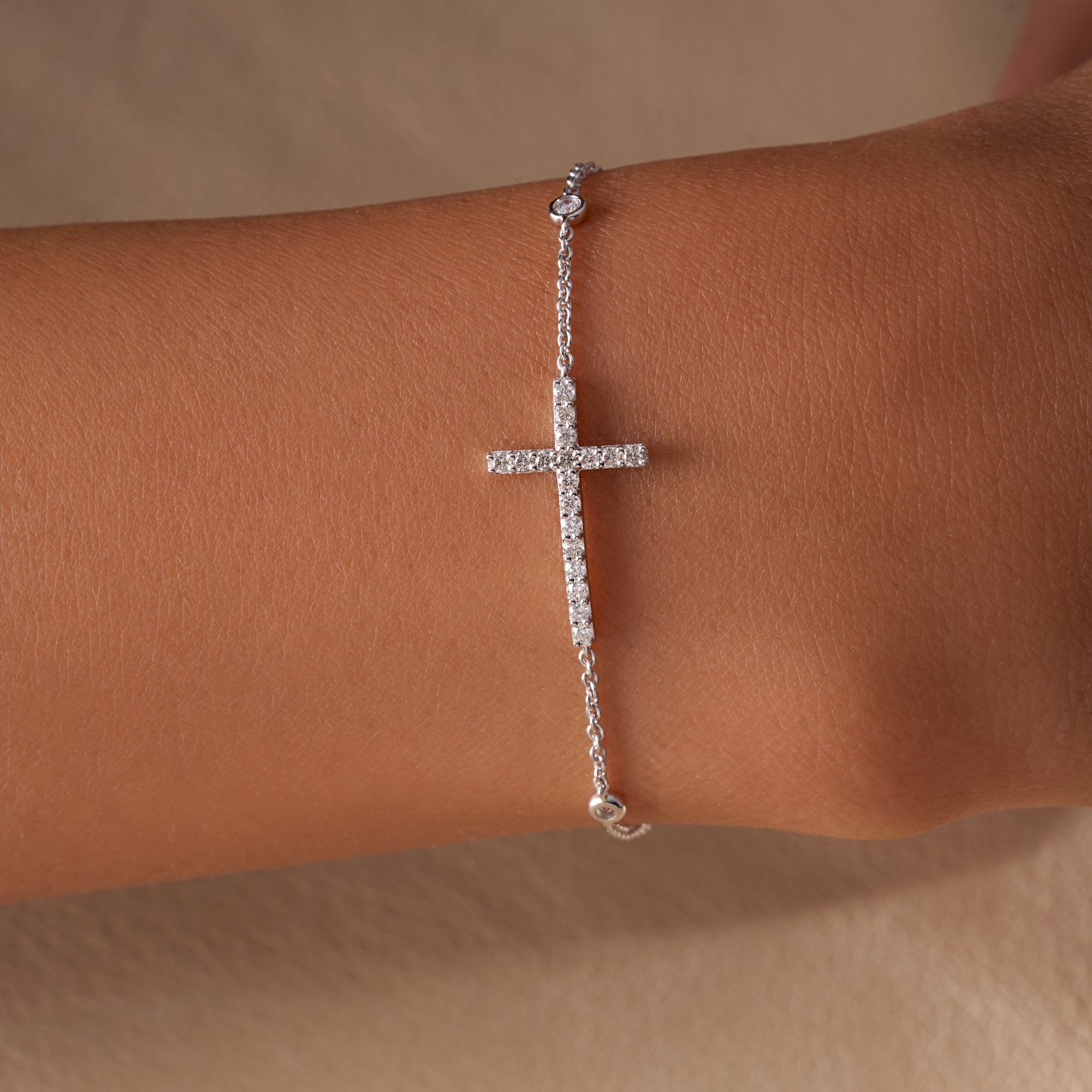 White Gold Bezel Station Diamond Cross Bracelet On Figure