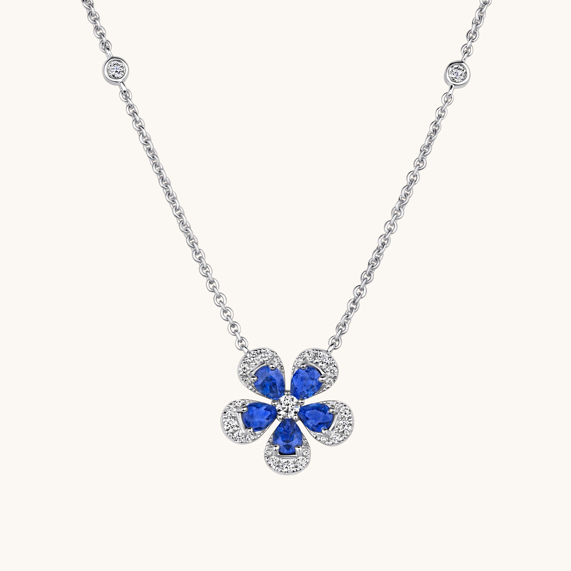White Gold Blue Sapphire Blooming Flower Necklace