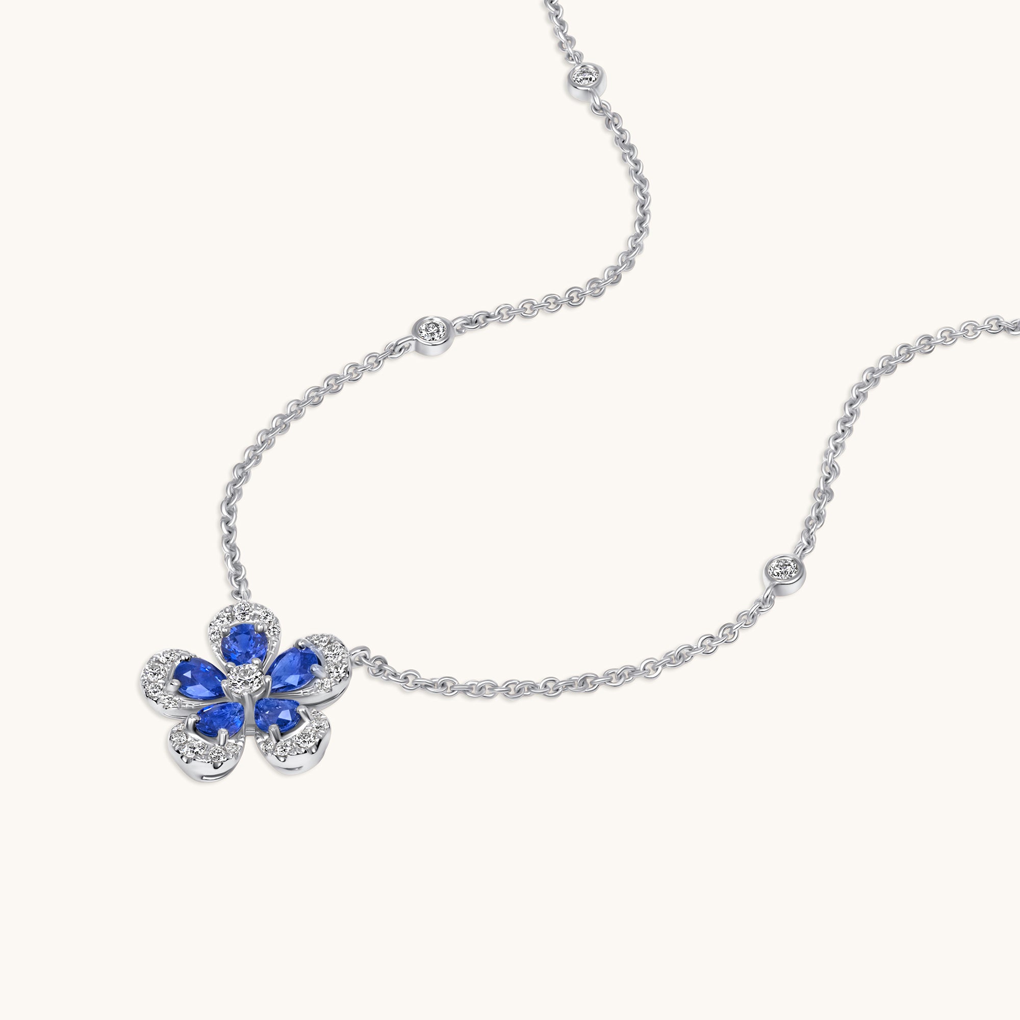 White Gold Blue Sapphire Blooming Flower Necklace