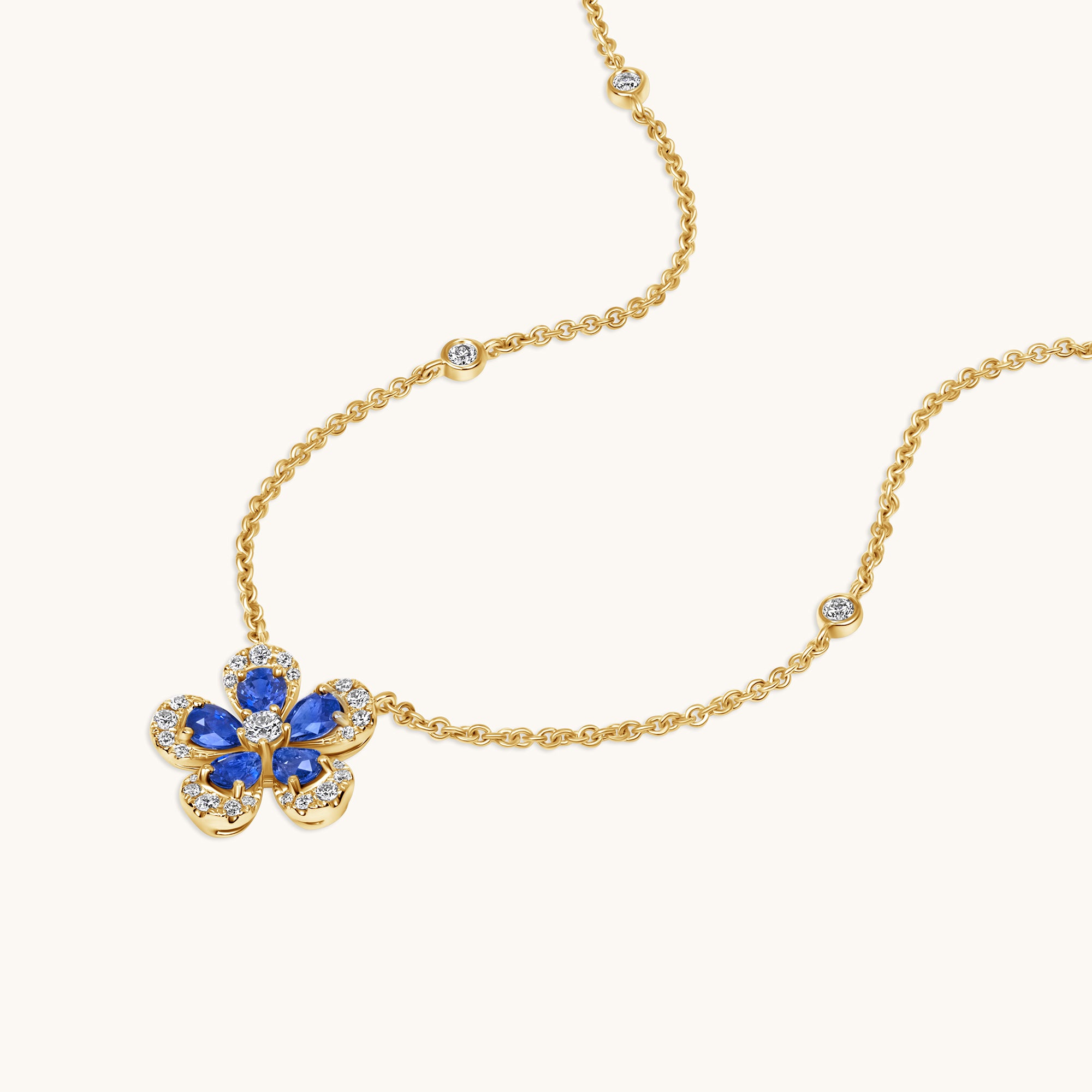 Yellow Gold Blue Sapphire Blooming Flower Necklace