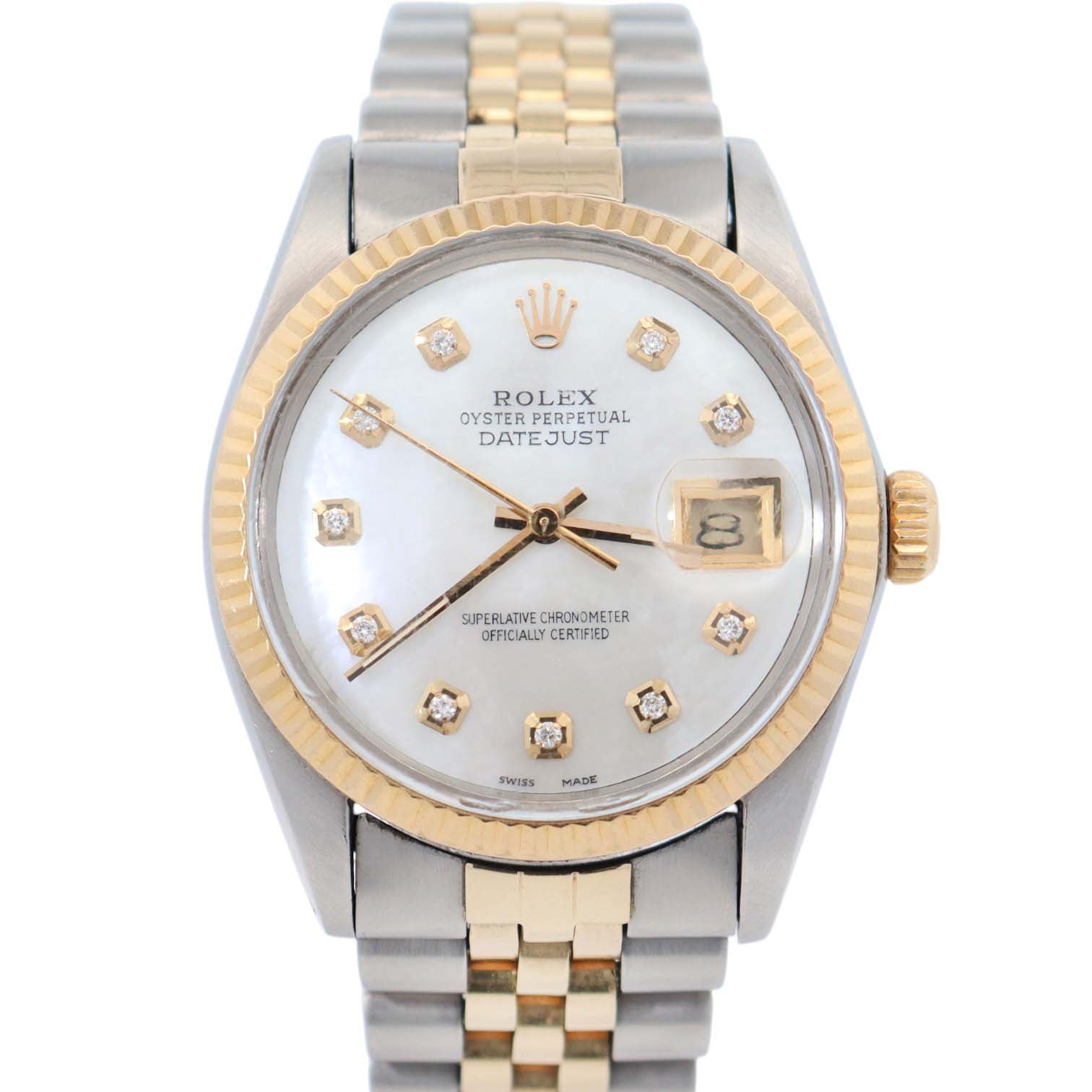 Rolex Datejust 36mm Two Tone Yellow Gold and Stainless Steel Watch, White MOP Dial, Fluted Bezel, Two Tone Jubilee Bracelet - Happy Jewelers Fine Jewelry Lifetime Warranty