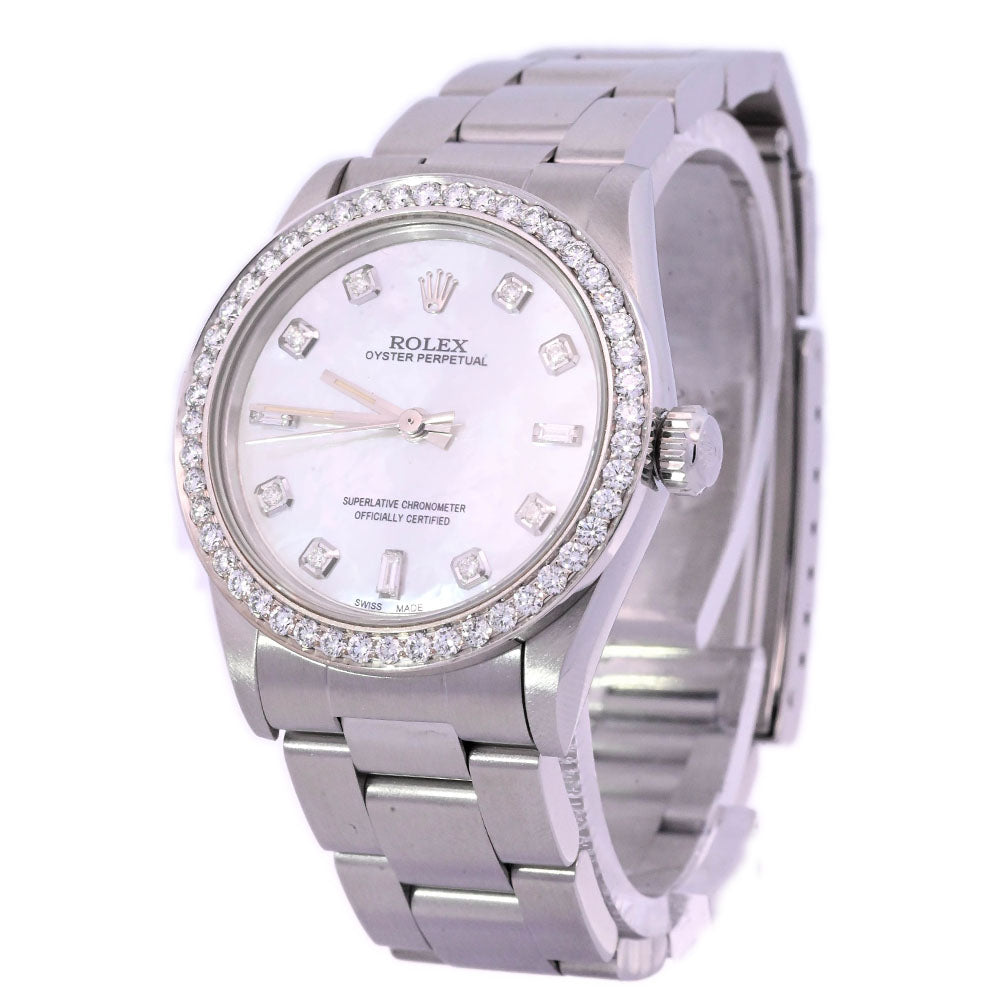 Rolex Oyster Perpetual Stainless Steel 31mm Custom White MOP Diamond Dial Watch Reference #: 67480 - Happy Jewelers Fine Jewelry Lifetime Warranty