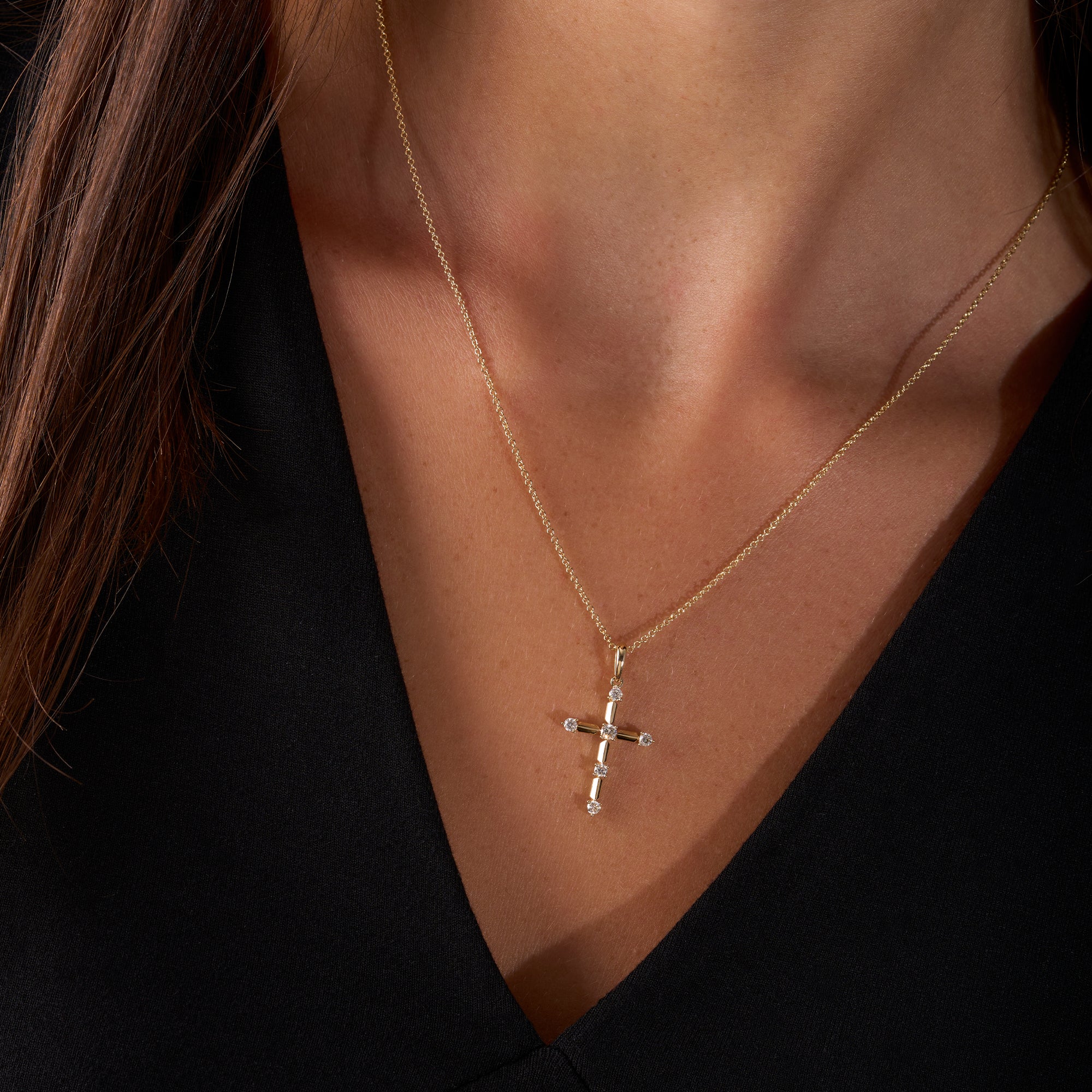 Yellow Gold Diamond Axis Cross Pendant Necklace On Figure