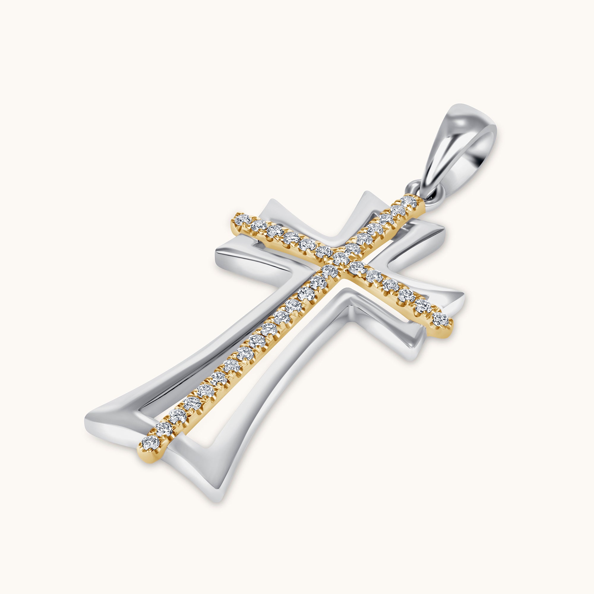Two Tone Gold Diamond Double Cross Pendant