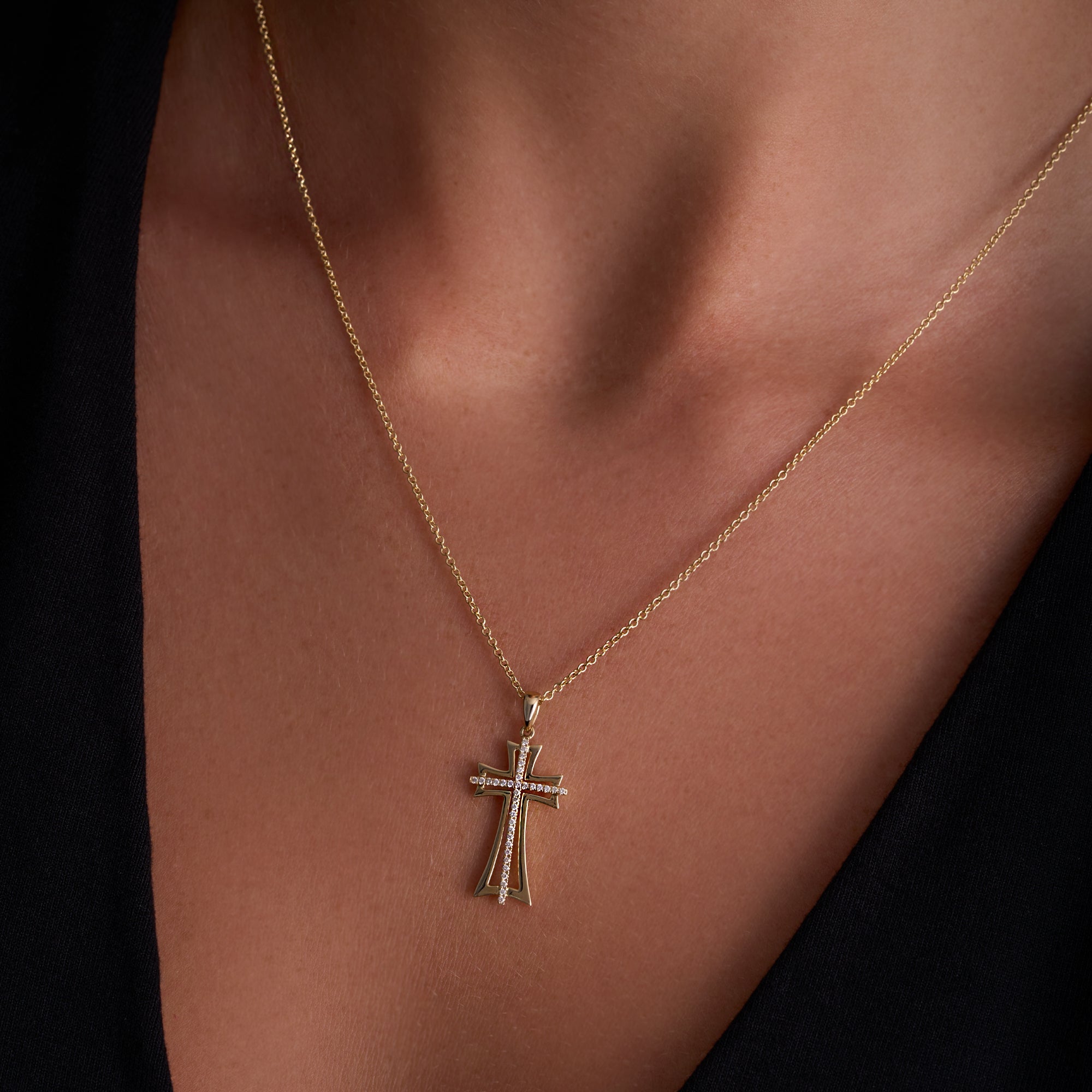 Yellow Gold Diamond Double Cross Pendant On Figure