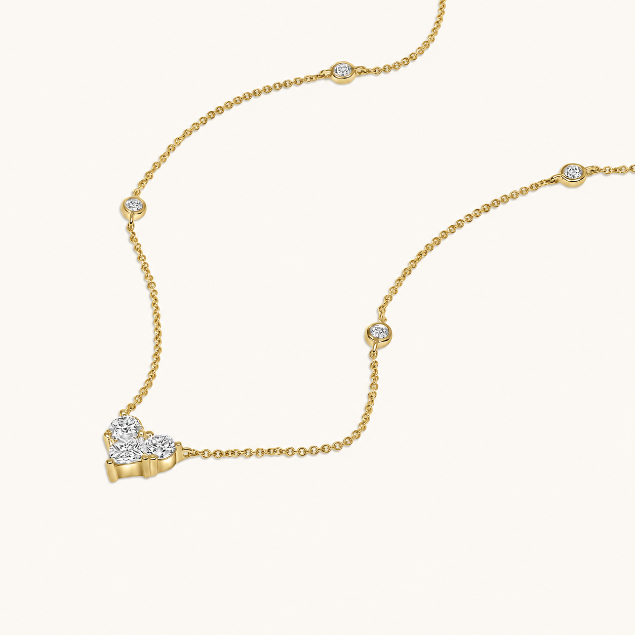 Yellow Gold Diamond Heart Station Necklace