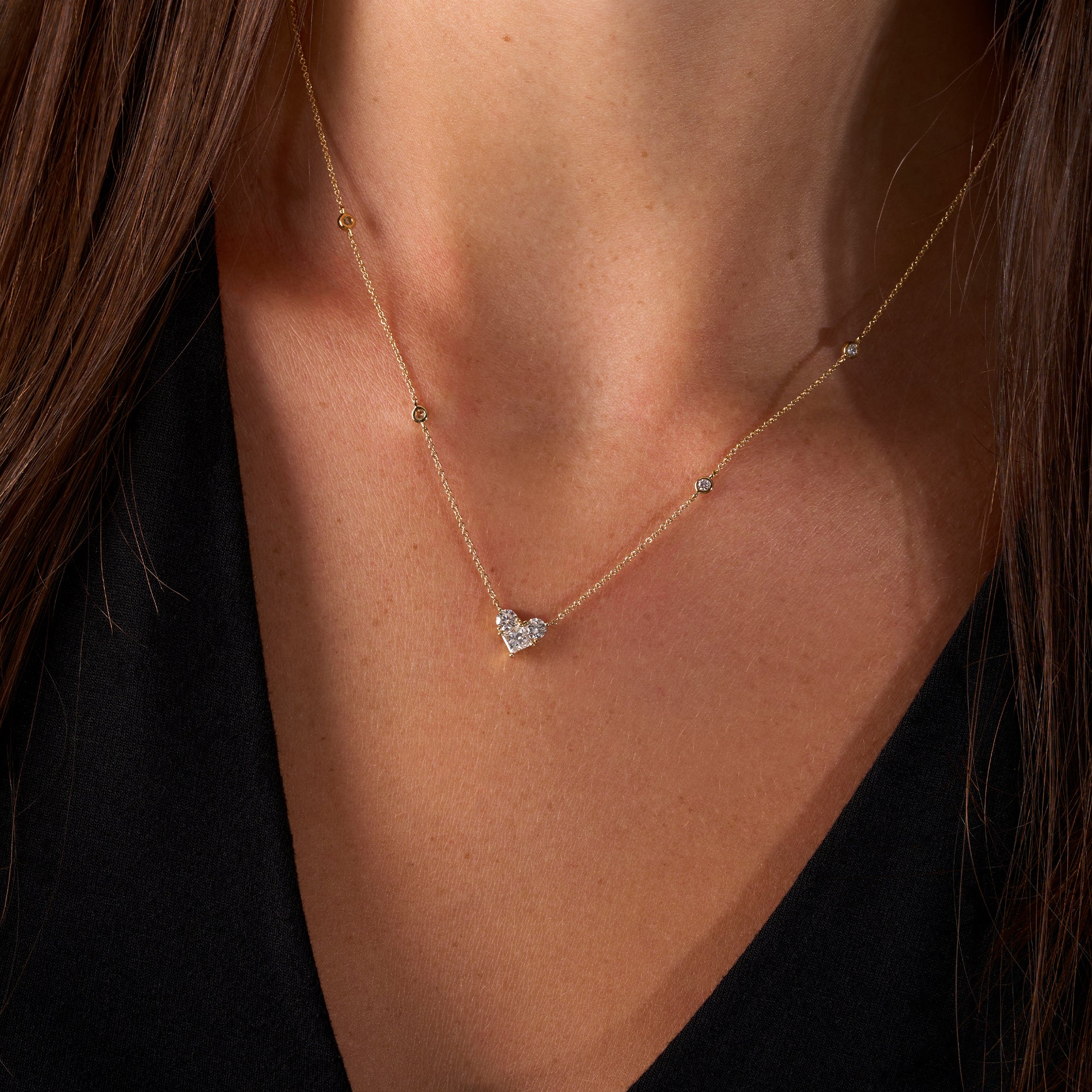 Yellow Gold Diamond Heart Station Necklace On Figure