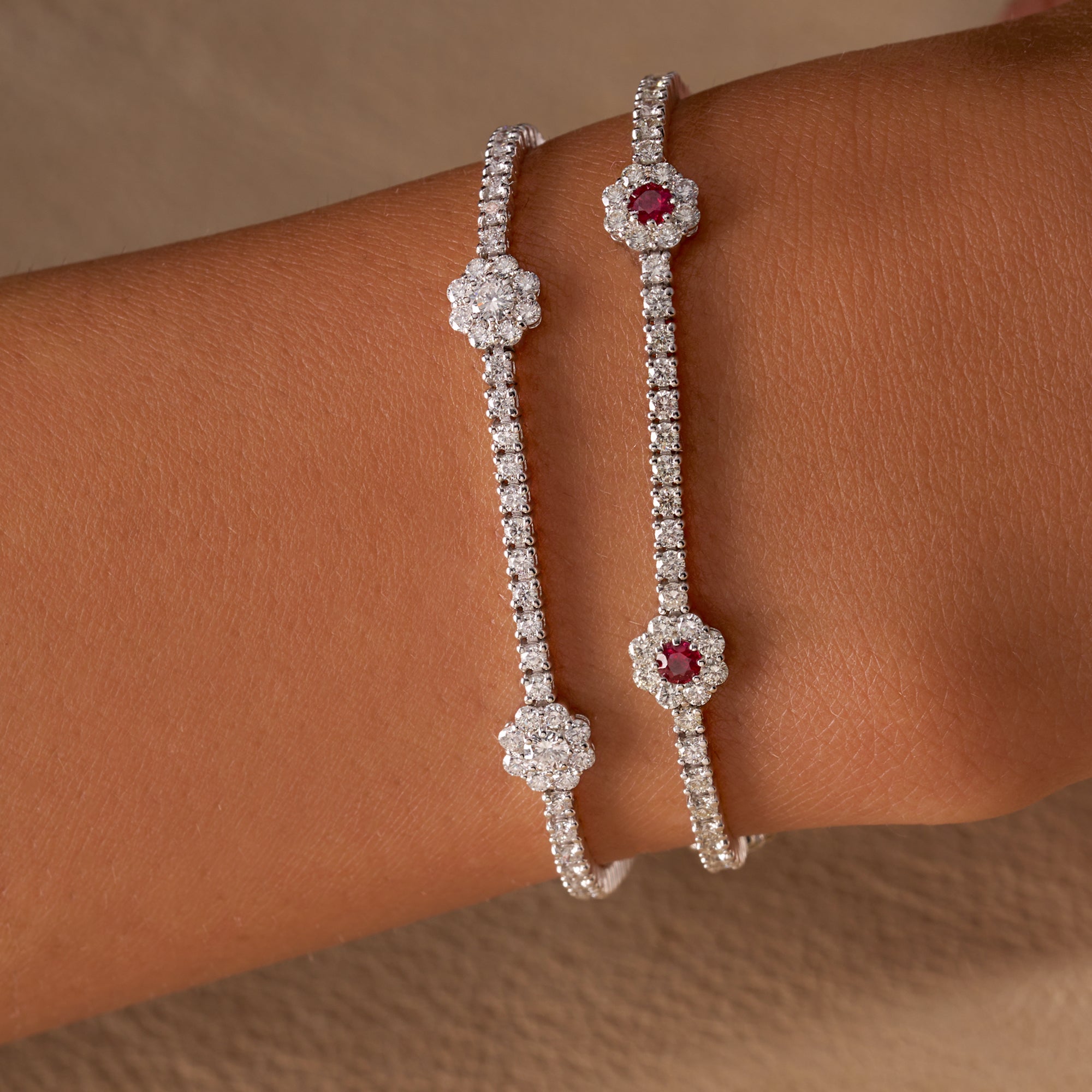 Diamond Three Flower Tennis Bracelet & Ruby Three Flower Tennis Bracelet On Figure