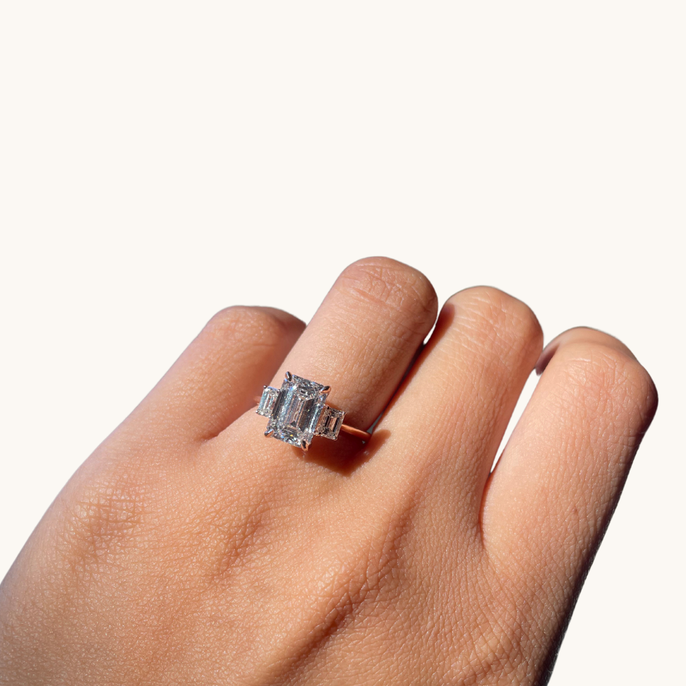 2.53 Emerald Lab Diamond 3-Stone Engagement Ring with Hidden Halo - Happy Jewelers Fine Jewelry Lifetime Warranty