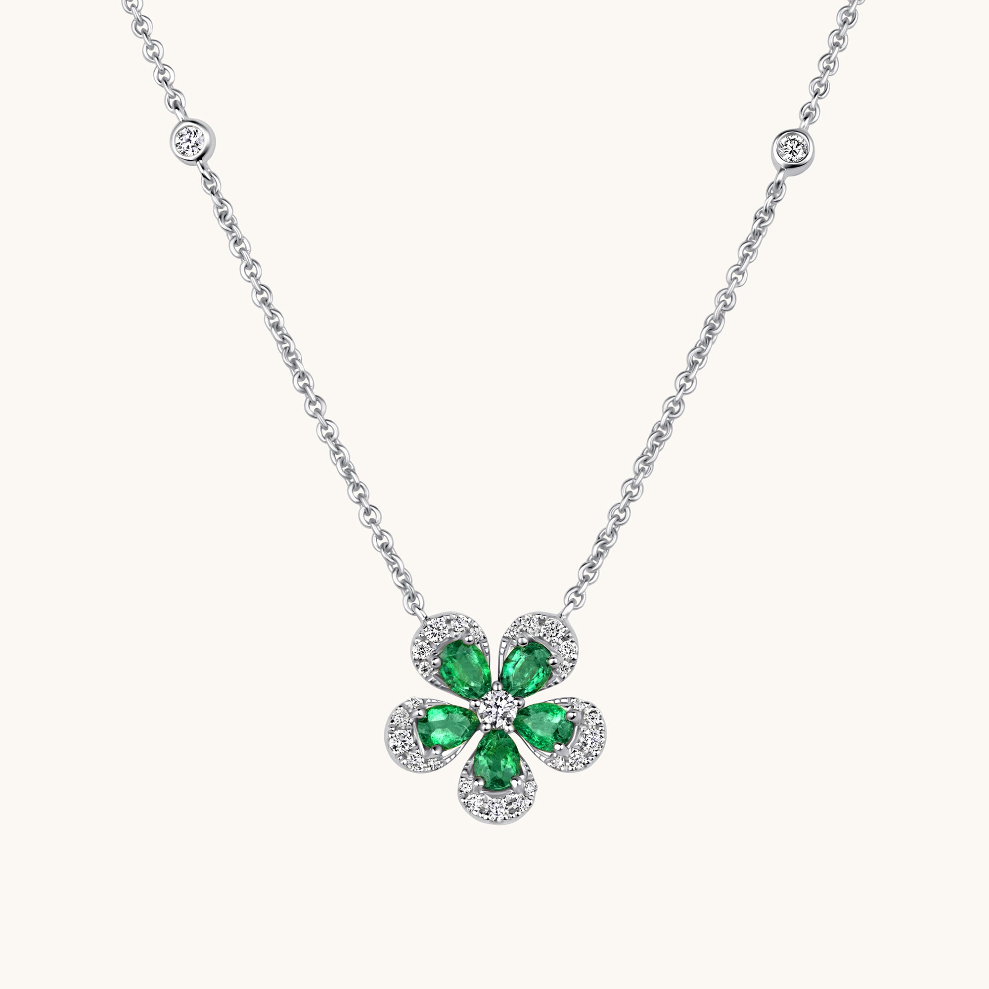 Emerald White Gold Blooming Flower Necklace