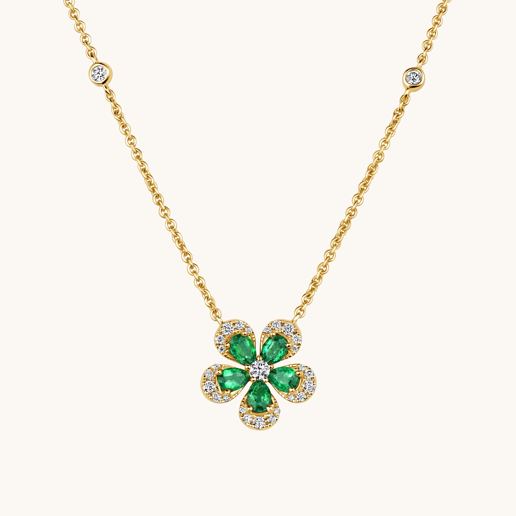 Yellow Gold Emerald Blooming Flower Necklace