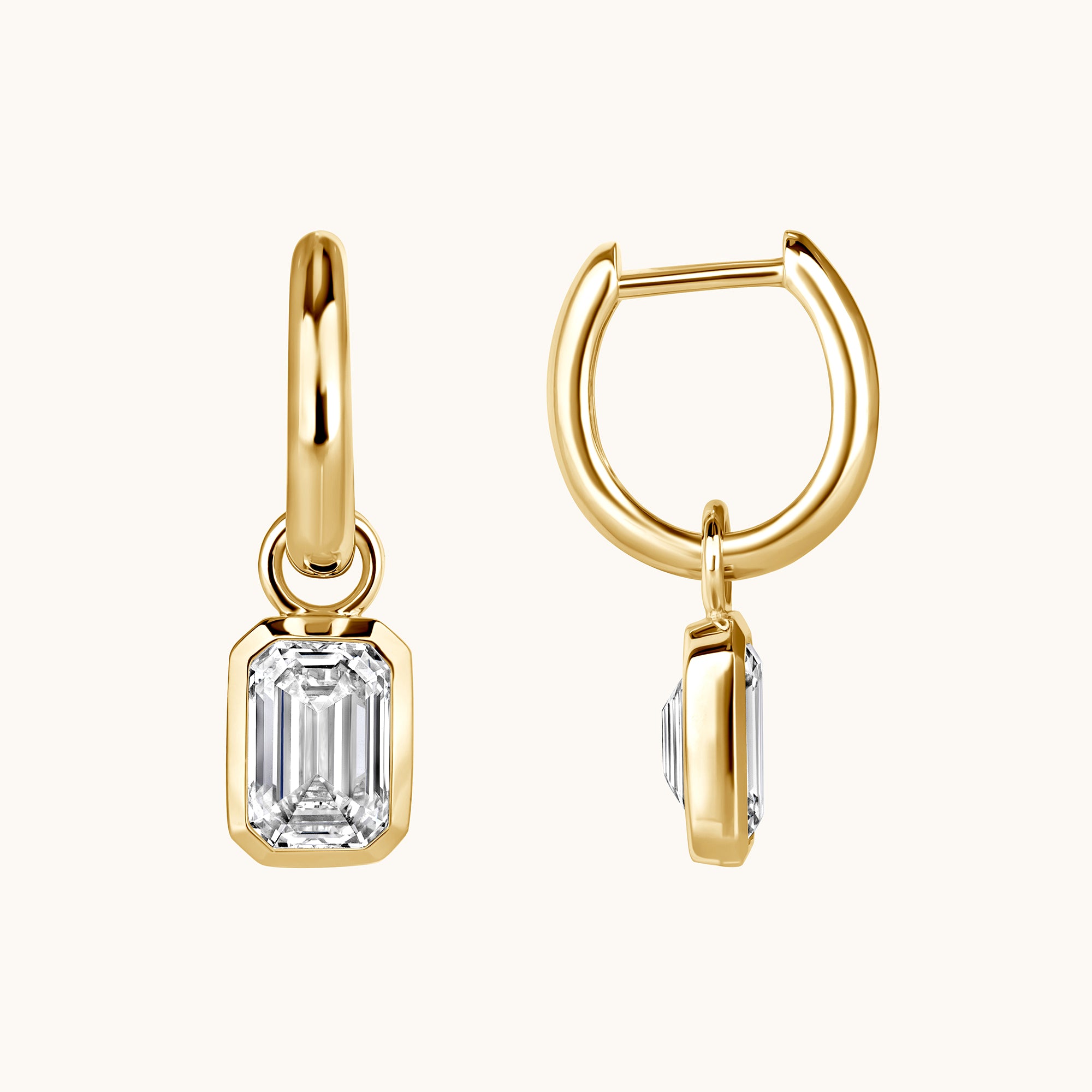 Emerald Lab Diamond Bezel Dangle Huggie Earrings - Happy Jewelers Fine Jewelry Lifetime Warranty