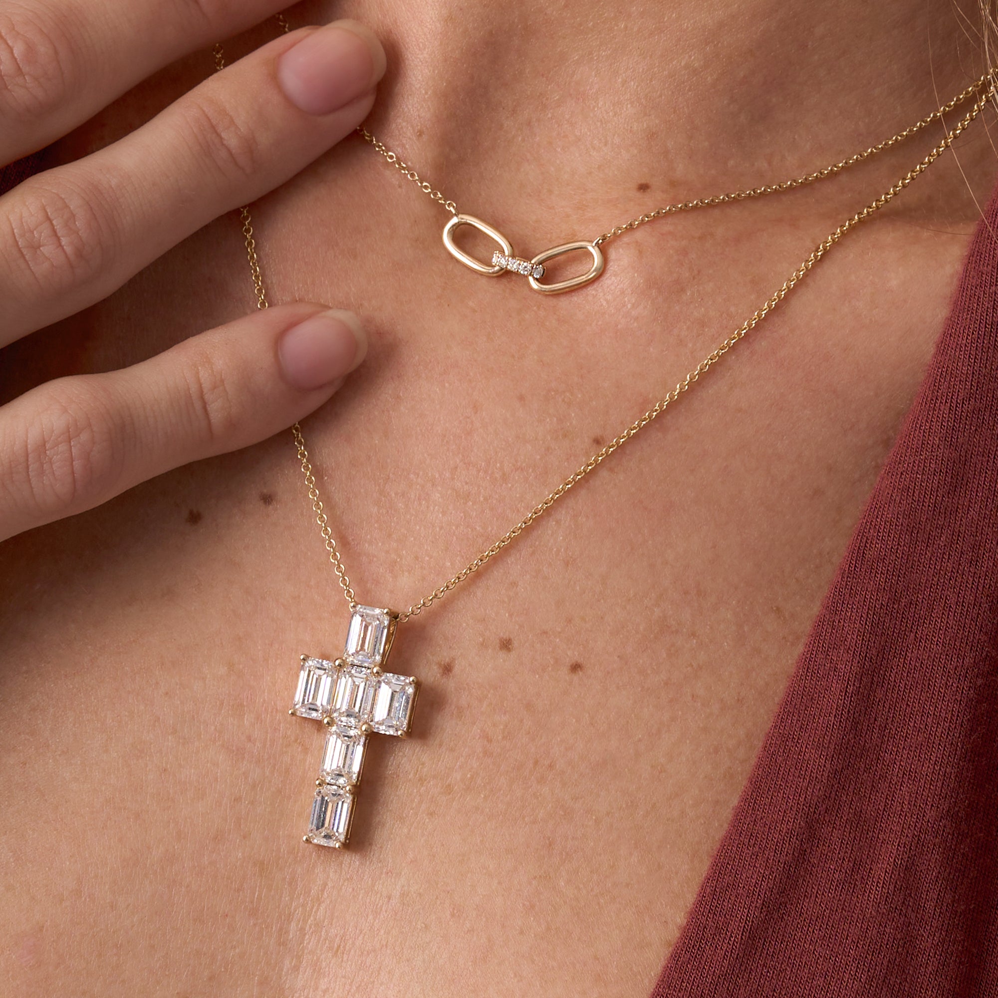 Yellow Gold Emerald Lab Diamond Cross Pendant On Figure