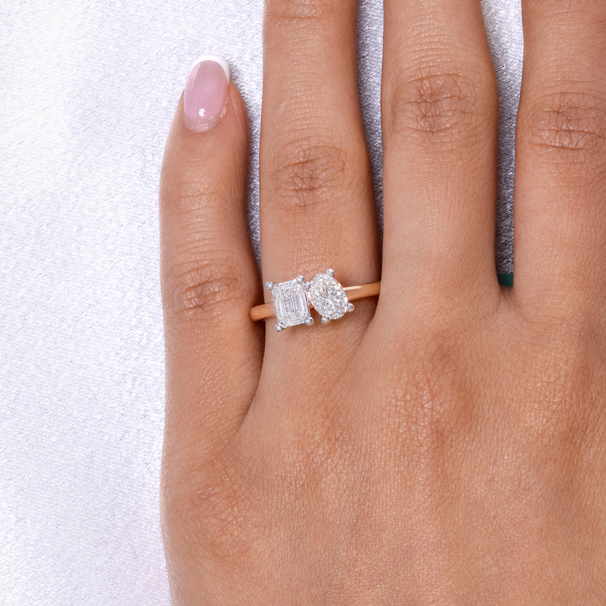 Emerald and Oval Toi et Moi Lab Diamond Engagement Ring with Hidden Halo - Happy Jewelers Fine Jewelry Lifetime Warranty