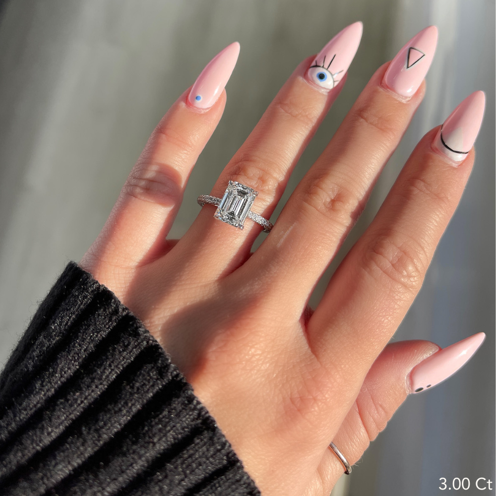 Emerald Lab Diamond Engagement Ring with Hidden Halo and 3D Band - Happy Jewelers Fine Jewelry Lifetime Warranty