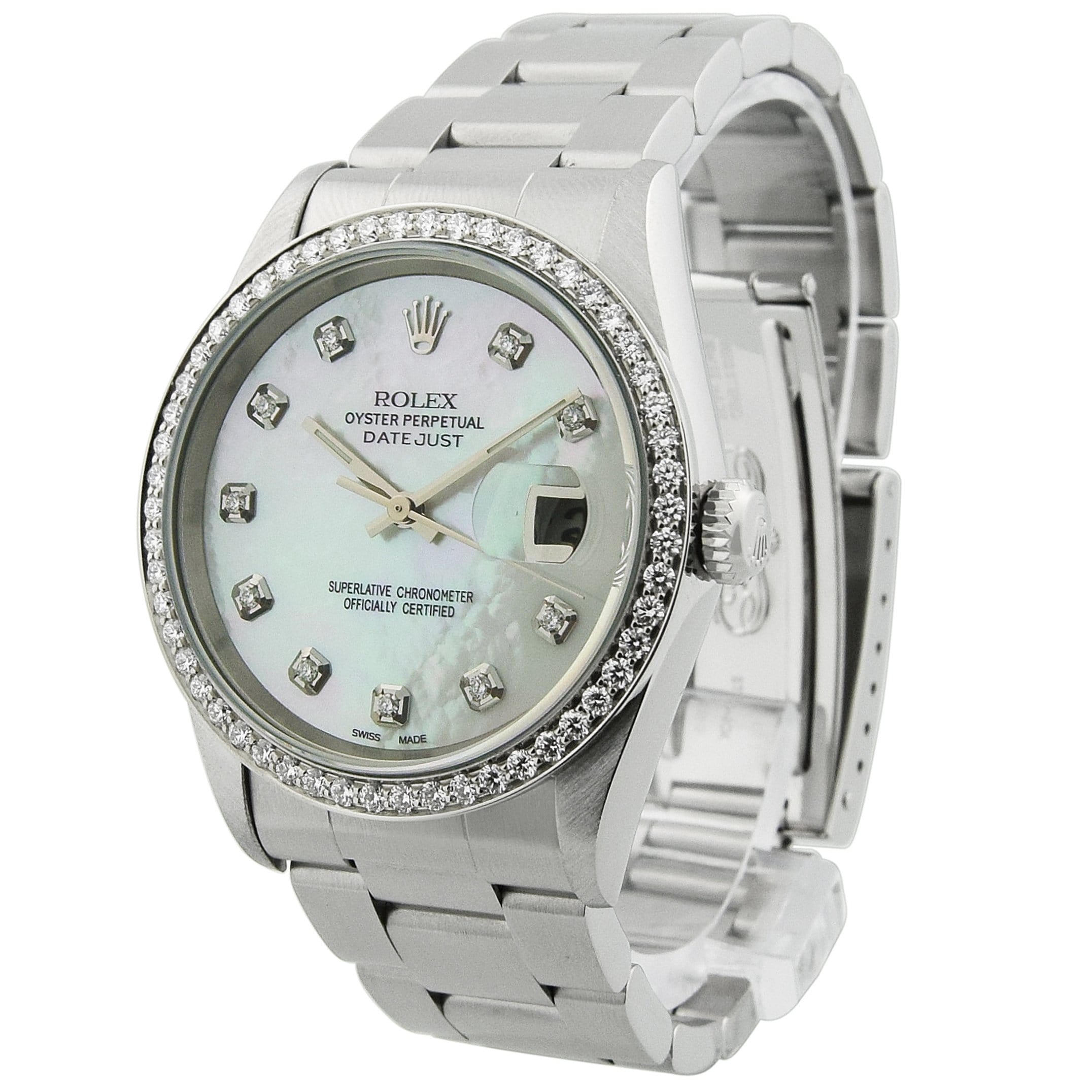 Rolex Datejust Stainless Steel 36mm Custom White MOP Diamond Dial Watch Reference#: 16200 - Happy Jewelers Fine Jewelry Lifetime Warranty
