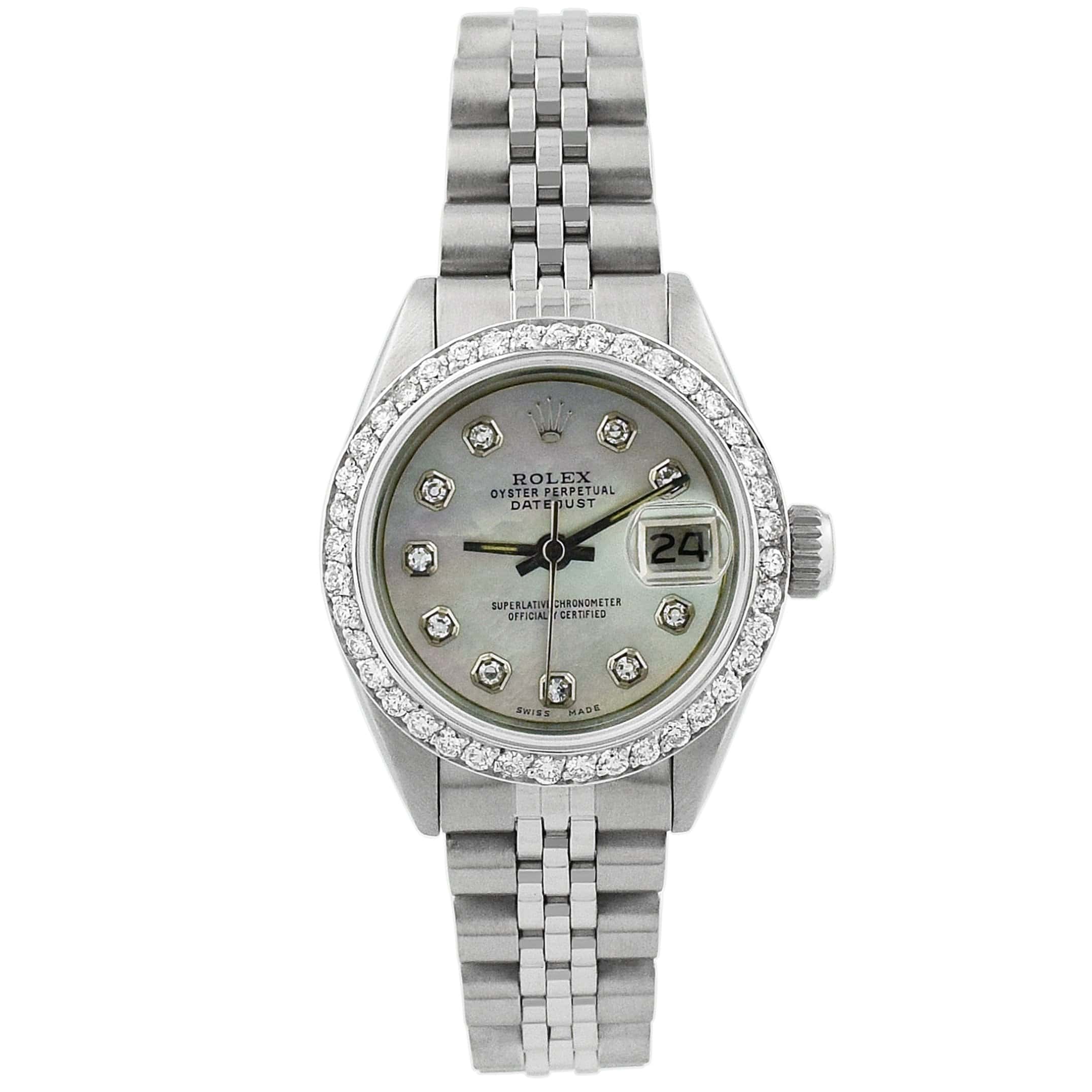 Rolex Date Stainless Steel 26mm White MOP Diamond Dial Watch Reference #: 6919 - Happy Jewelers Fine Jewelry Lifetime Warranty