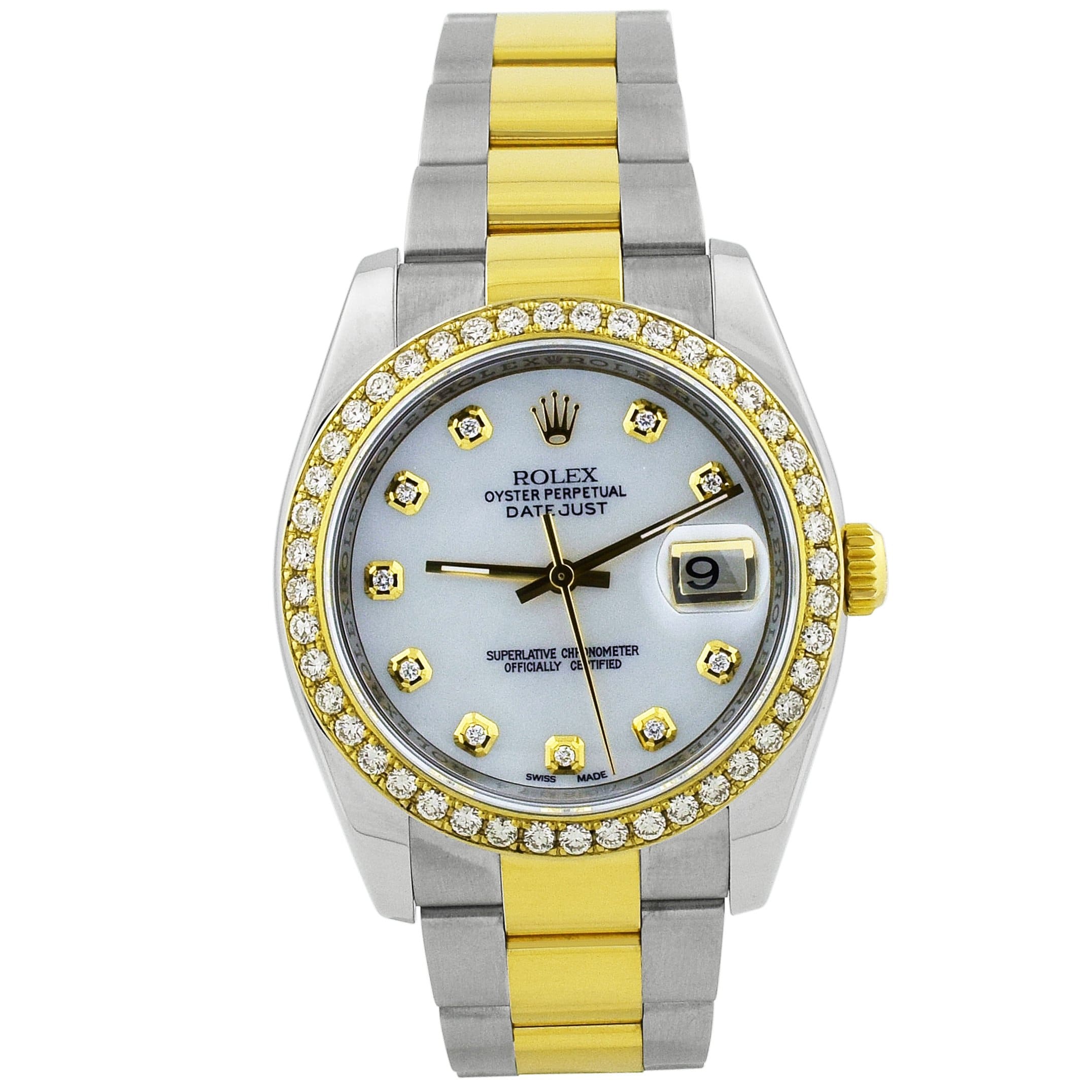 Rolex Unisex Datejust 18KT Yellow Gold & Steel 36mm MOP Diamond Dial Watch Custom Diamond Bezel on Oyster Bracelet - Happy Jewelers Fine Jewelry Lifetime Warranty