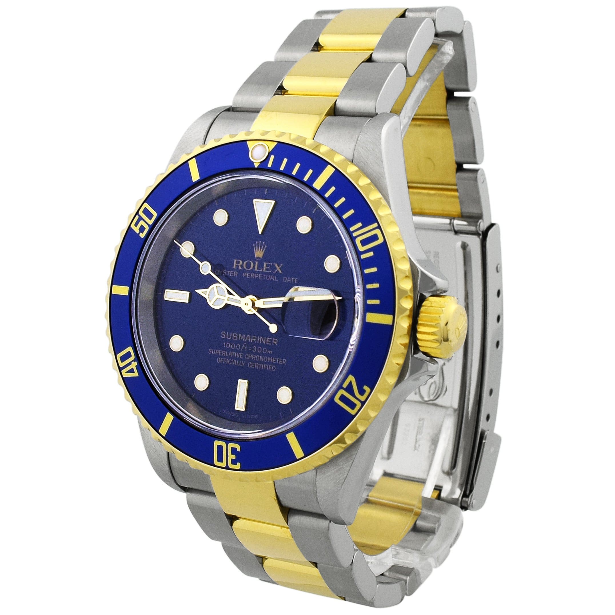 Rolex Submariner Two-Tone Stainless Steel & Yellow Gold 40mm Blue Dot Dial Watch Reference #: 16613 - Happy Jewelers Fine Jewelry Lifetime Warranty