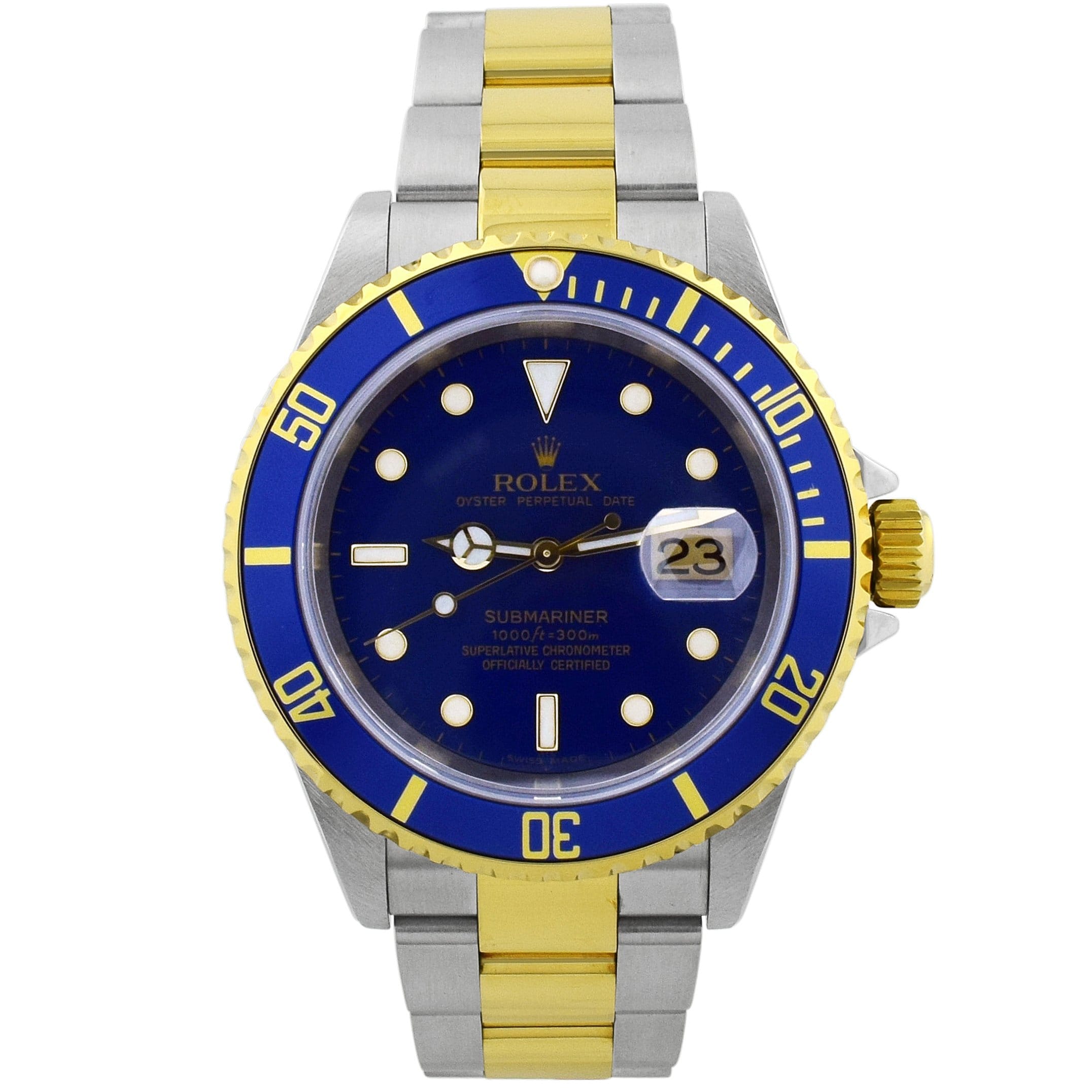 Rolex Submariner Two-Tone Stainless Steel & Yellow Gold 40mm Blue Dot Dial Watch Reference #: 16613 - Happy Jewelers Fine Jewelry Lifetime Warranty