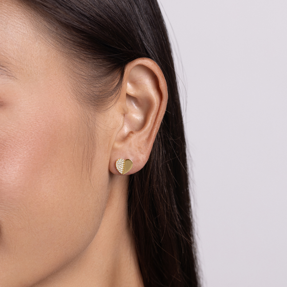 Half-Pave Diamond Heart Stud Earrings - Happy Jewelers Fine Jewelry Lifetime Warranty