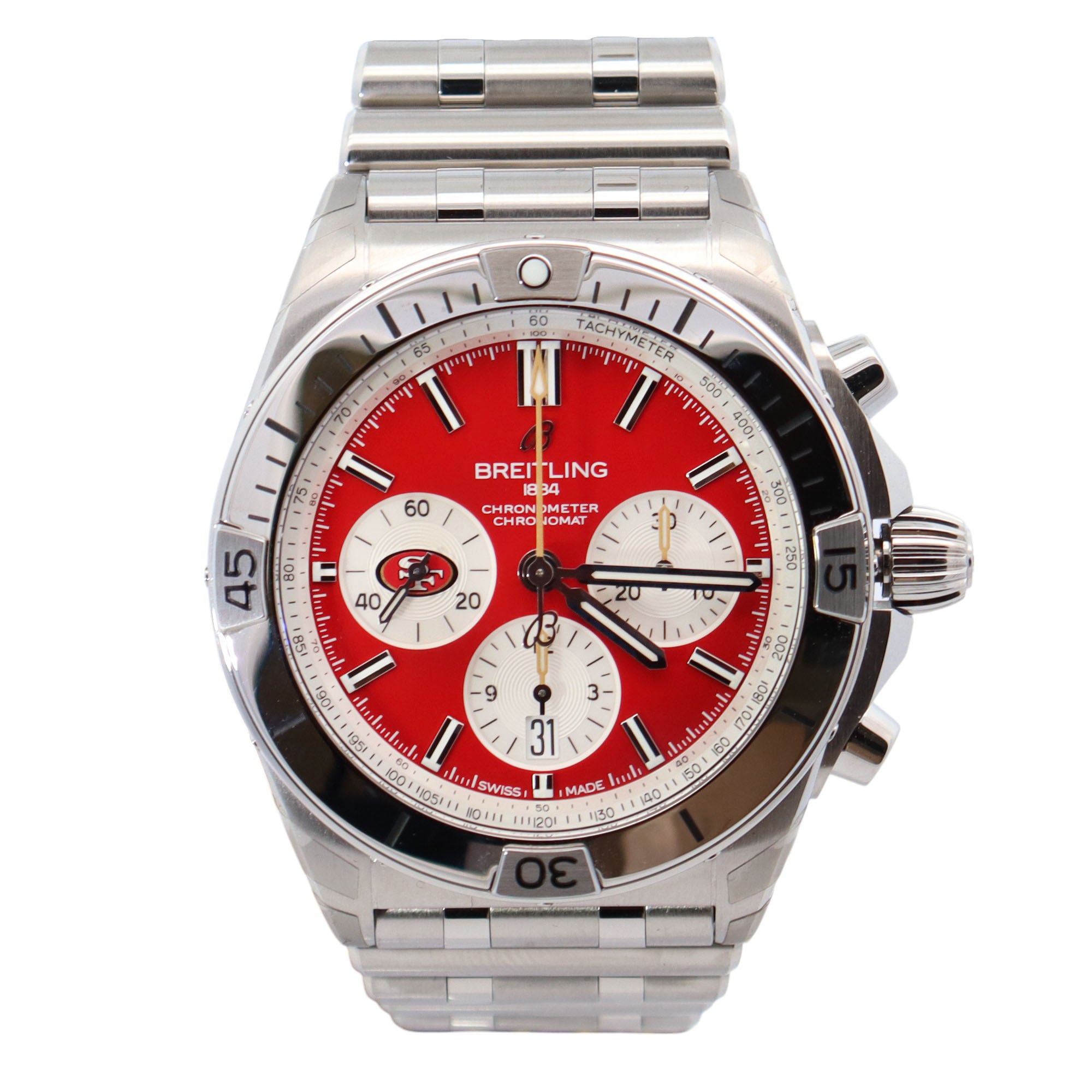 Breitling Chronomat 42mm Red Dial Watch Ref# AB0134 – Happy Jewelers