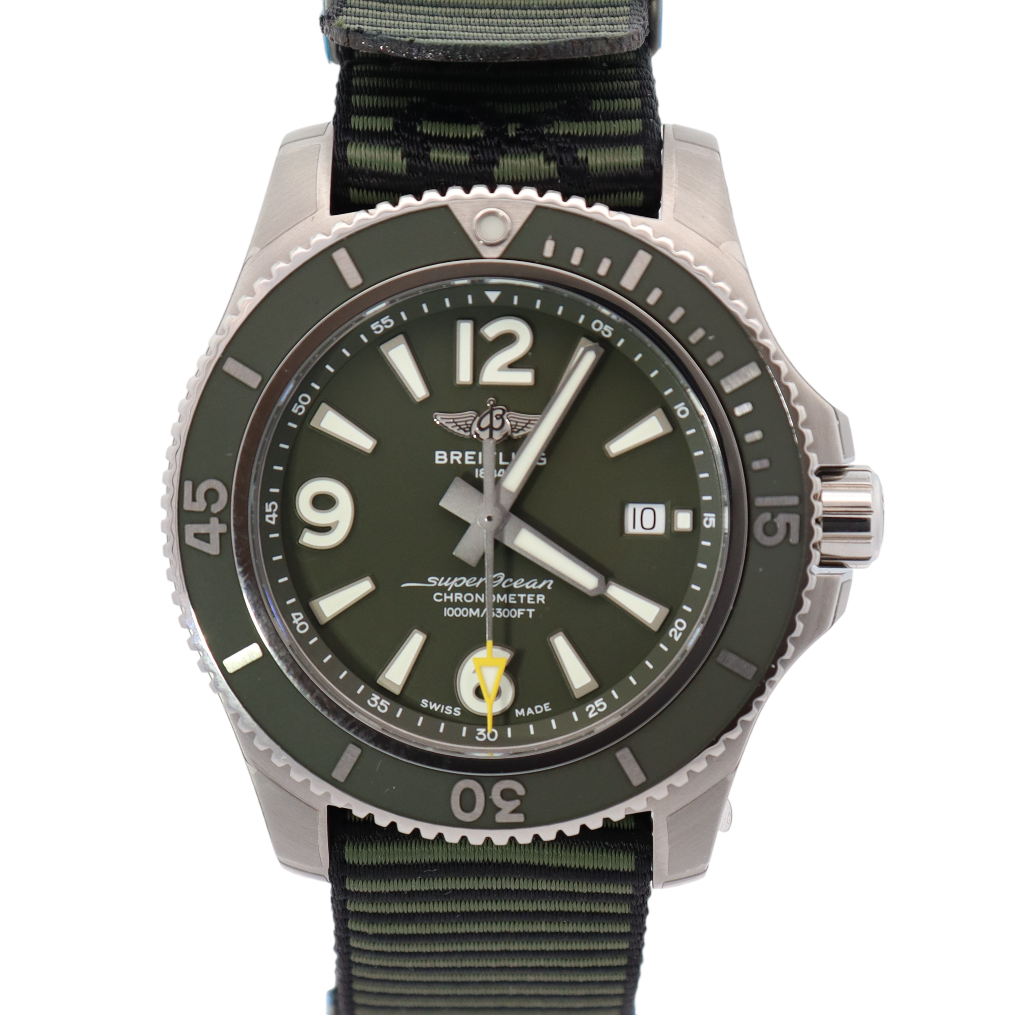 Breitling Superocean Stainless Steel 44mm Green Stick & Roman Dial Watch Reference# A17367A11L1W1 - Happy Jewelers Fine Jewelry Lifetime Warranty