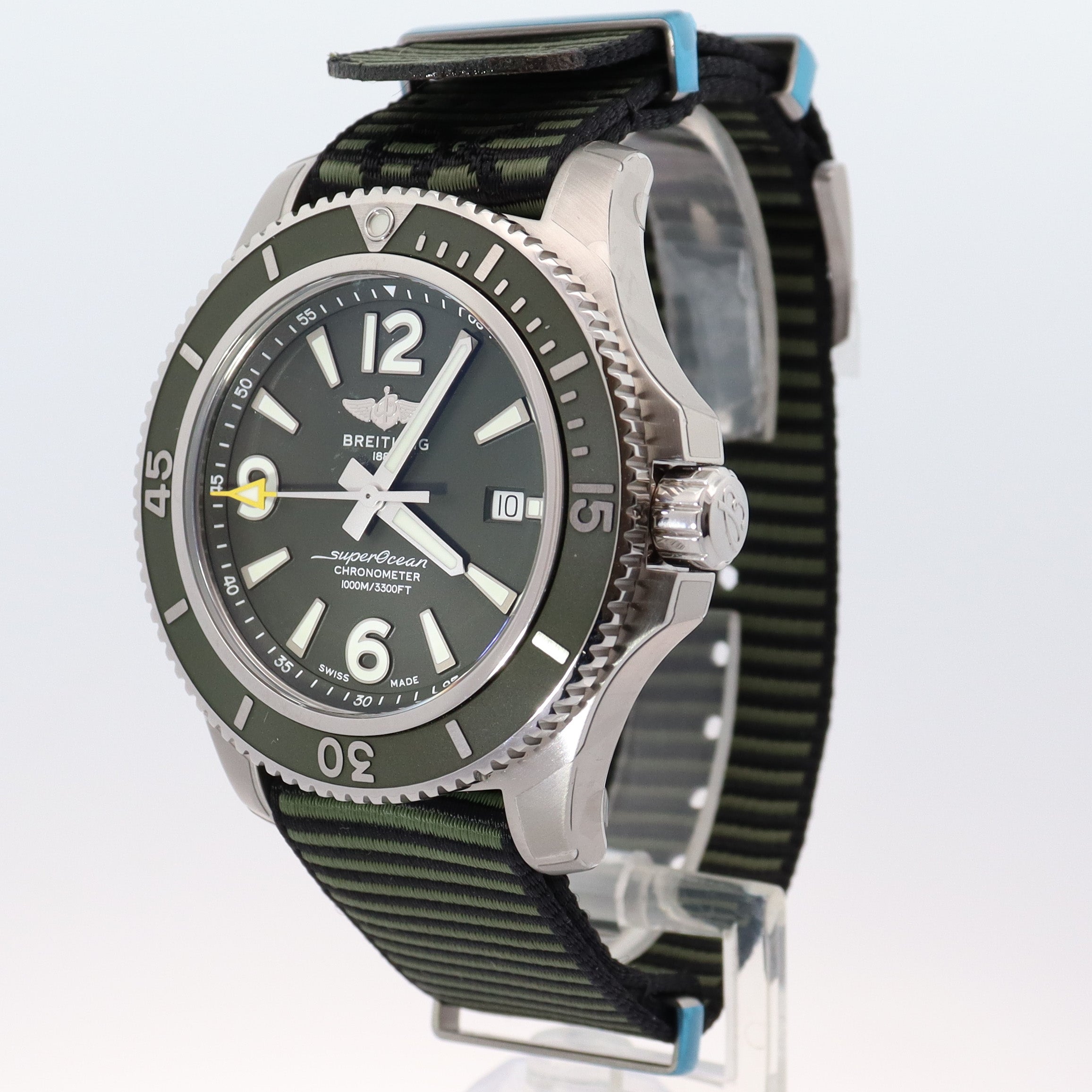 Breitling Superocean Stainless Steel 44mm Green Stick & Roman Dial Watch Reference# A17367A11L1W1 - Happy Jewelers Fine Jewelry Lifetime Warranty