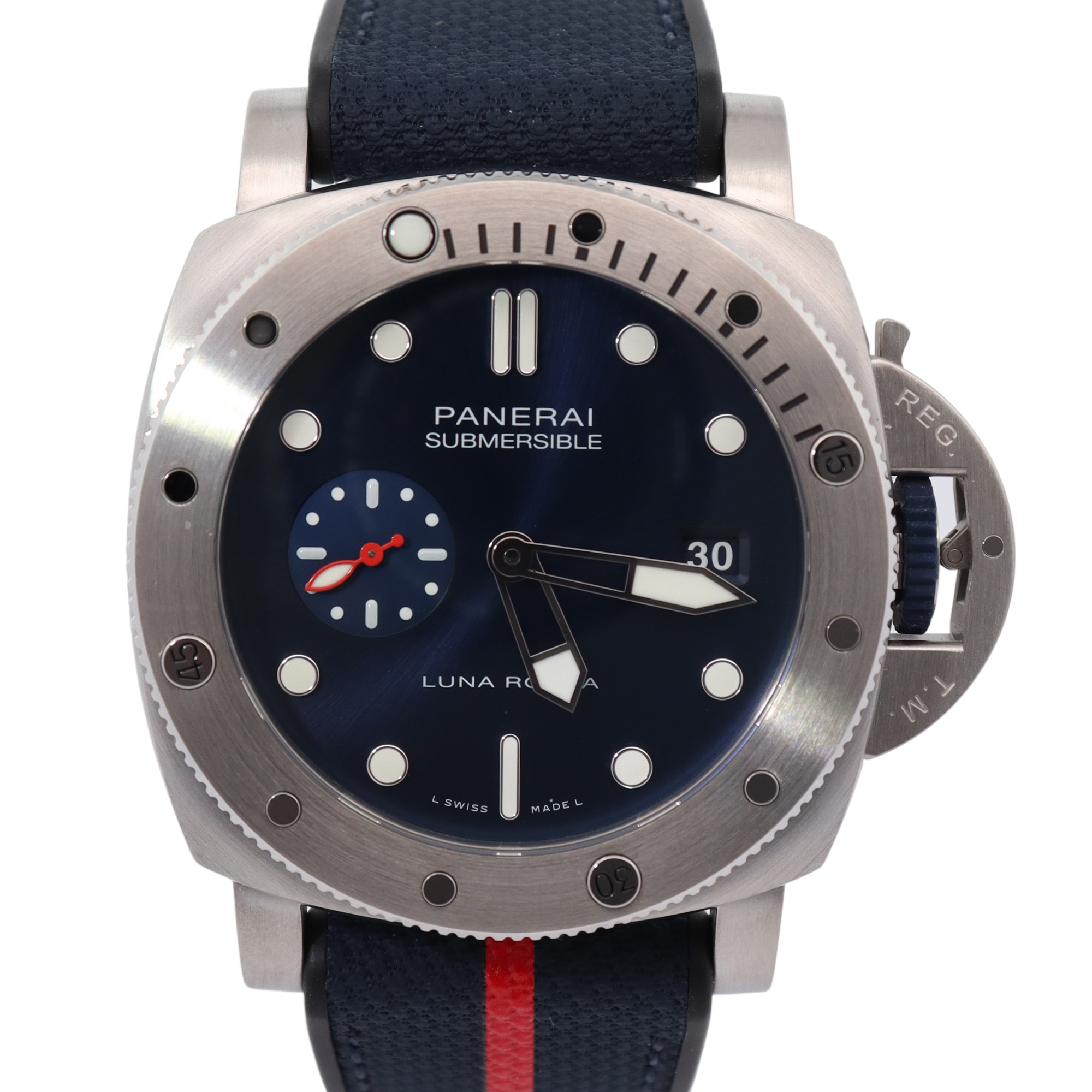 Panerai Submersible Quarantaquattro Luna Rossa Stainless Steel 44mm Blue Dot Dial Watch Reference# PAM01391 - Happy Jewelers Fine Jewelry Lifetime Warranty